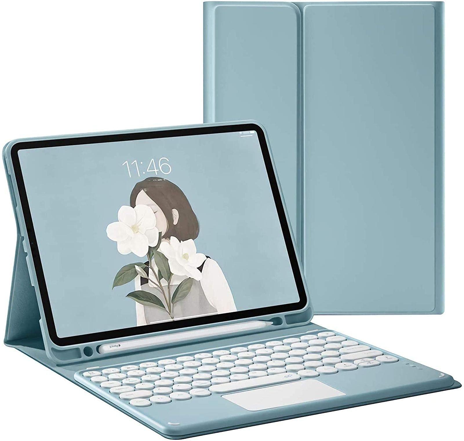 Bluetooth Keyboard Case for iPad Air 1/Air 2 (9.7 Inch) - Slim Leather Folio Cover with Touchpad & Round Hat Design | Perfect for Work, Study & Travel (Blue)