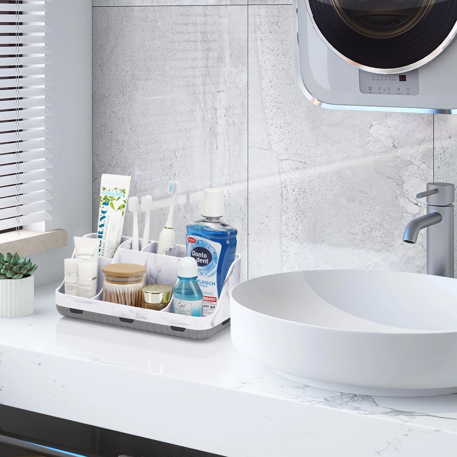Marble Bathroom Countertop Organizer - Detachable 7-Slot Electric Toothbrush & Toothpaste Holder with Drainage | Bathroom Vanity Storage for Kids & Adults | Perfect for Countertop Organization in Modern Bathrooms (Grey)