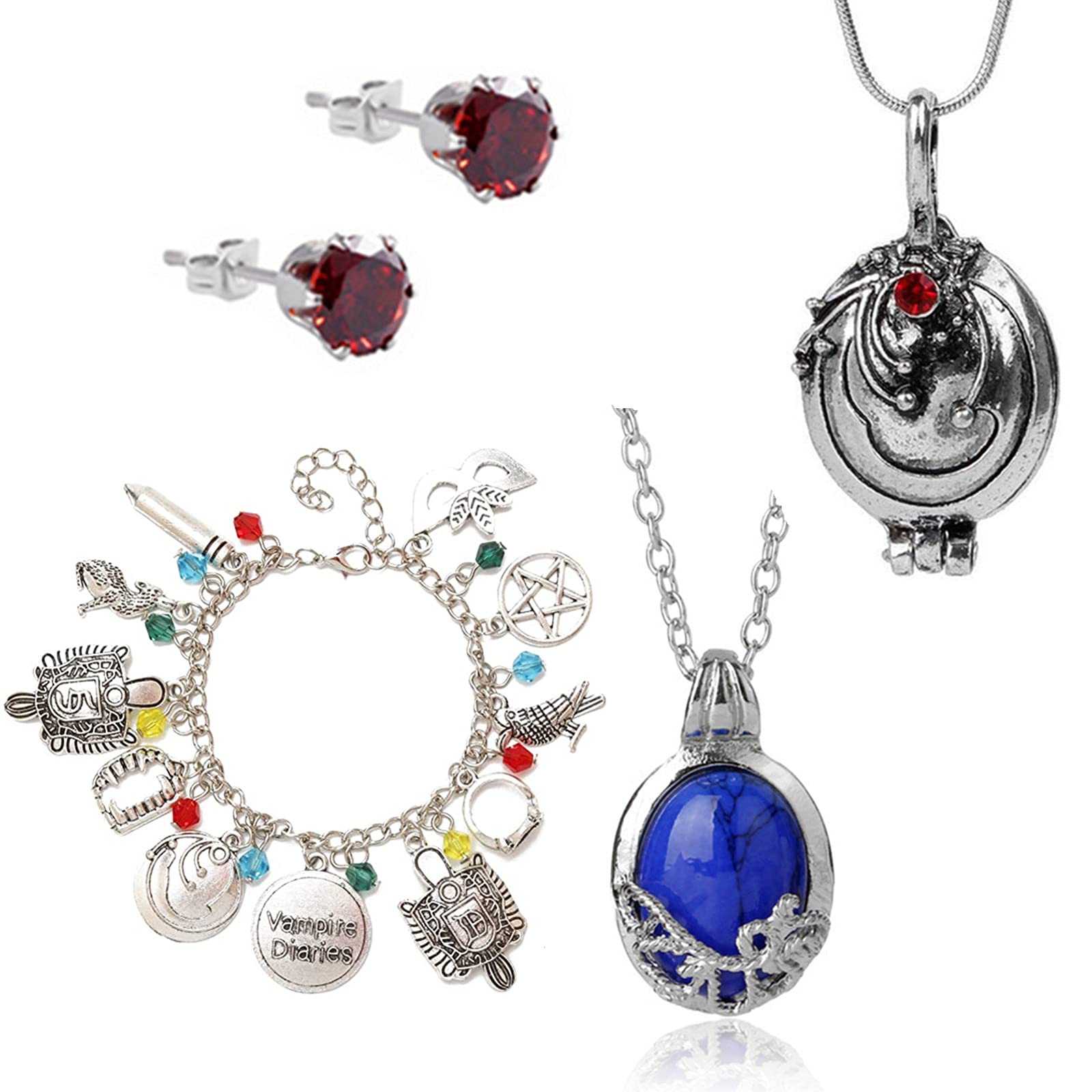 5-Piece Vampire Diaries Katherine & Elena Necklace Bracelet Set - Sapphire Crystal Pendant & Opening Charm Jewelry for Cosplay, Gift & Movie Fans | Perfect for Halloween, Themed Parties & TV Show Events