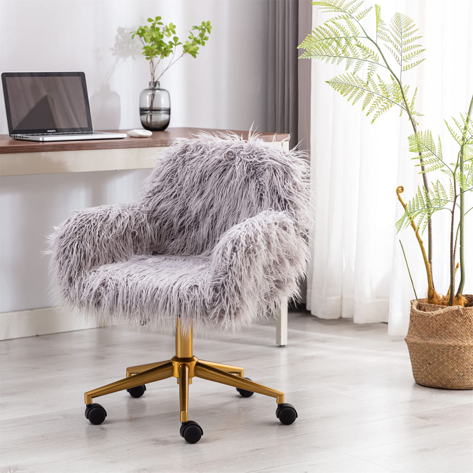 Luxury Faux Fur Office Chair with Gold Legs - Adjustable Swivel Vanity Chair for Women & Teens, Soft Fluffy Desk Chair for Home Office, Makeup Room & Bedroom (Grey) - Perfect for Working, Studying & Relaxing in Style
