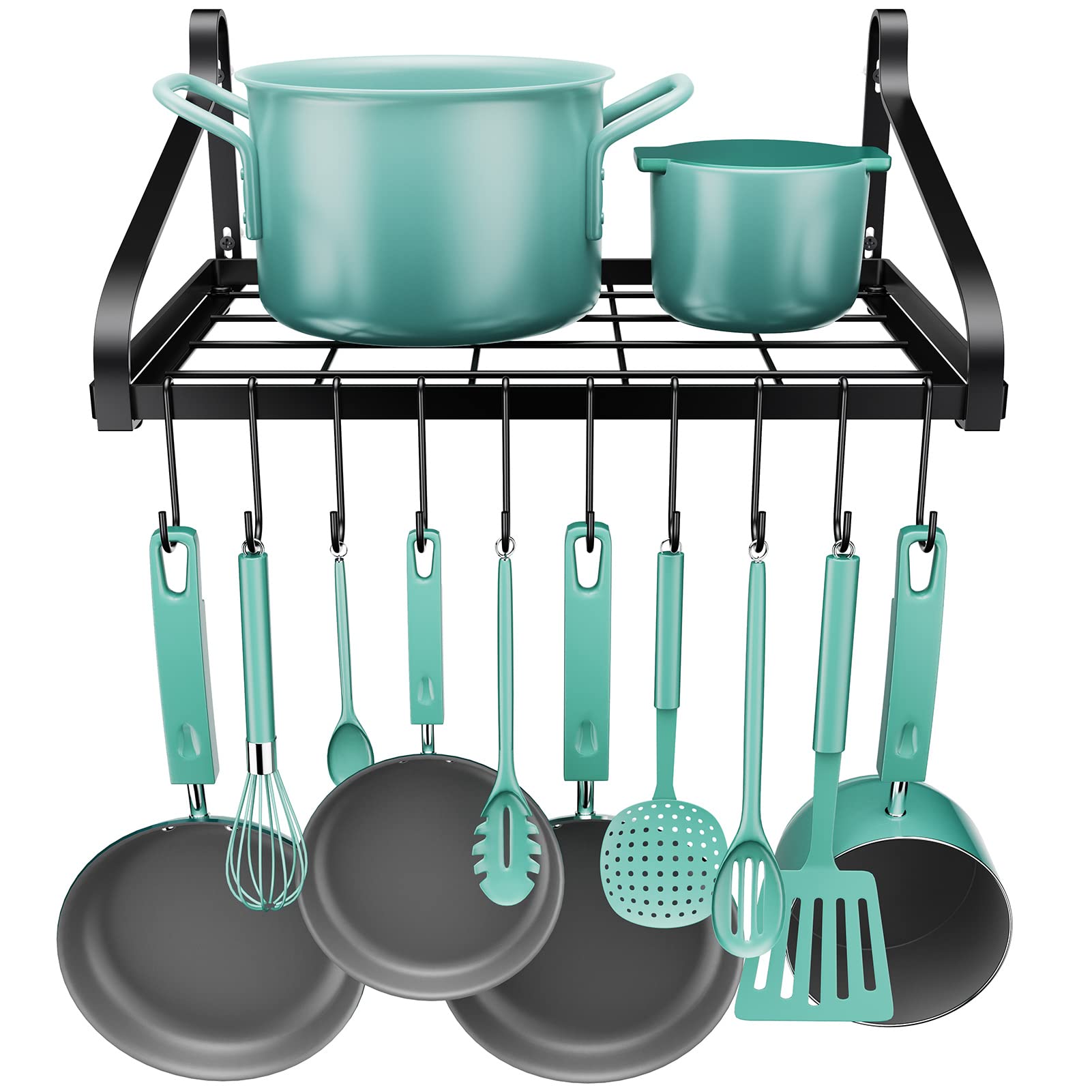 MUDEELA Wall Mounted Hanging Pot Rack with 10 Hooks - Heavy Duty Kitchen Organizer for Pots, Pans, Cookware, Books & Bathroom Storage - Perfect for Small Space Kitchen Organization & Home Decor