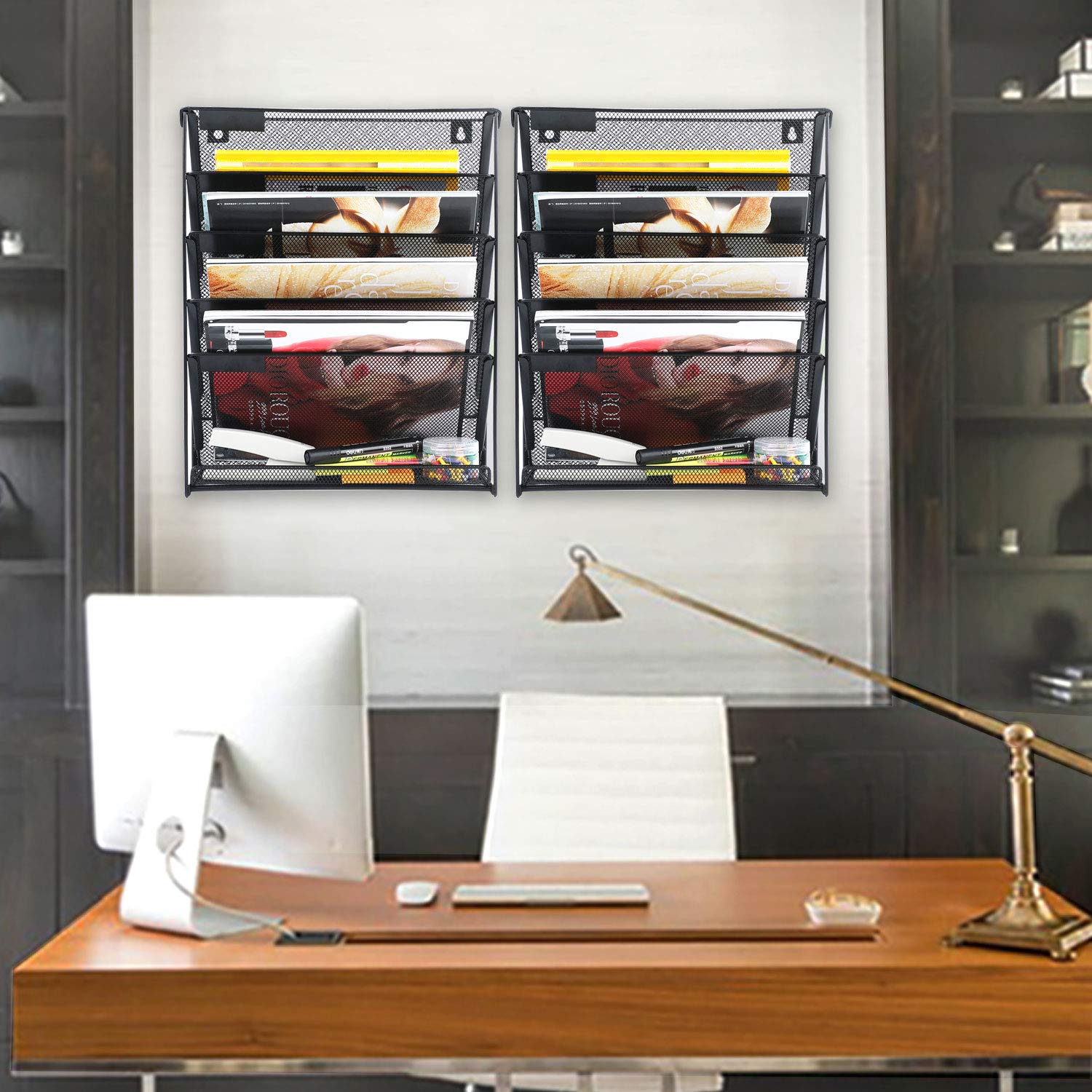 Samstar 2 Pack Wall File Organizer - 6-Tier Vertical Wall Mount Paper Holder for Office & Home Organization - Black - Perfect for Desk, Kitchen, Bathroom & Classroom Storage