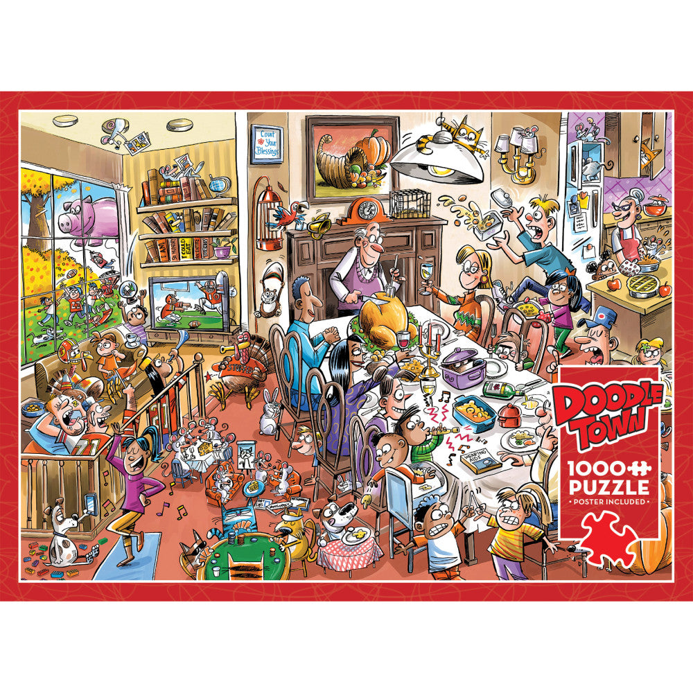 Cobble Hill DoodleTown: Thanksgiving Togetherness 1000 Piece Jigsaw Puzzle - Family Fun & Holiday Decor for Thanksgiving Gatherings
