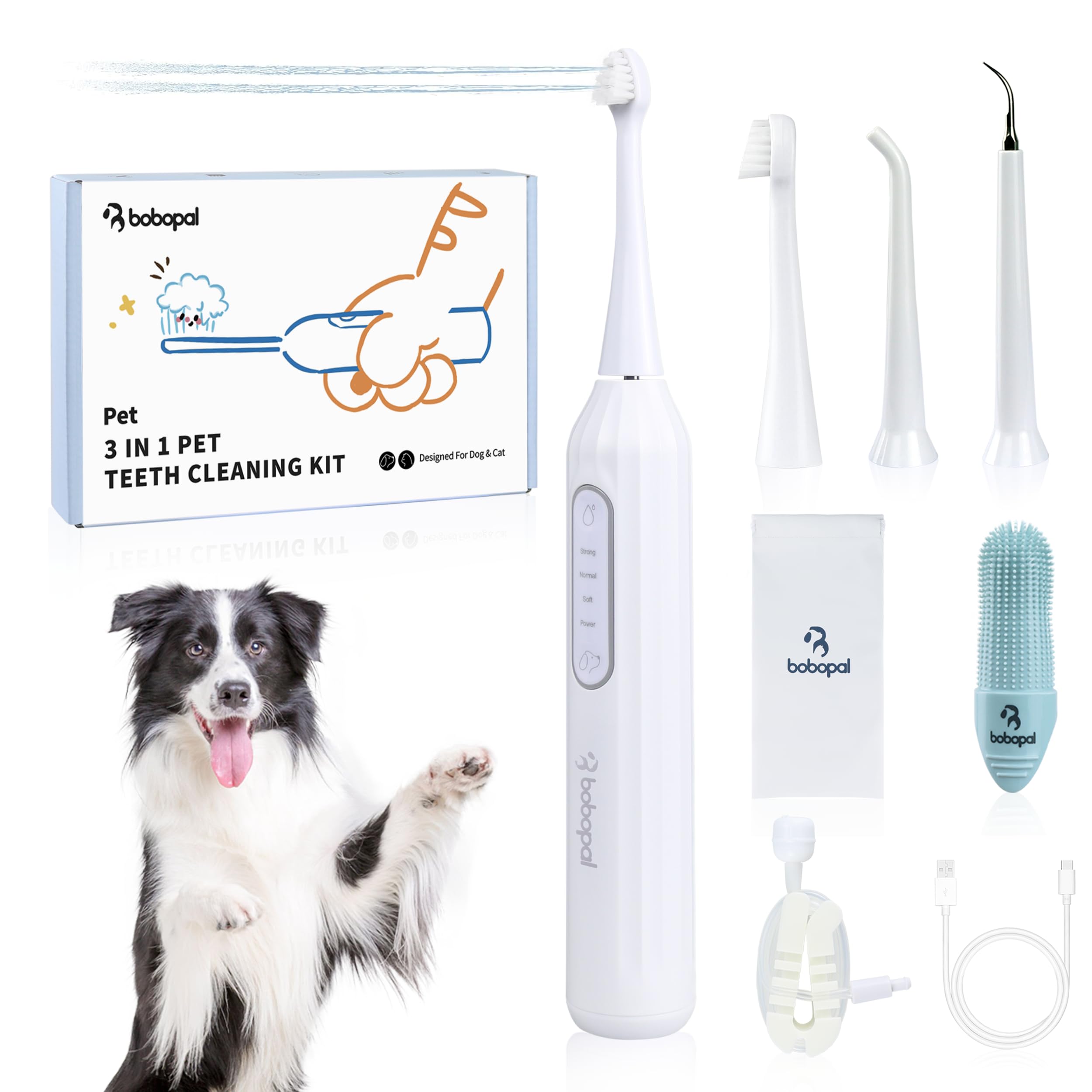 3-in-1 Dog Tooth Brushing Kit with Ultrasonic Electric Toothbrush, Plaque Remover & Water Flosser - 2 Modes, 3 Intensity Levels, IPX7 Waterproof, 1100mAh Rechargeable Battery - Perfect for Daily Dog Dental Care at Home or Travel