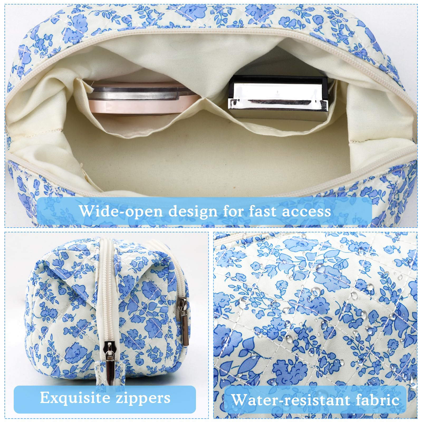 Quilted Floral Makeup Bag for Women & Teens - Travel Cosmetic Organizer, Wide-Open Toiletry Pouch - Perfect for Daily Use, Weekend Getaways & Gift Giving