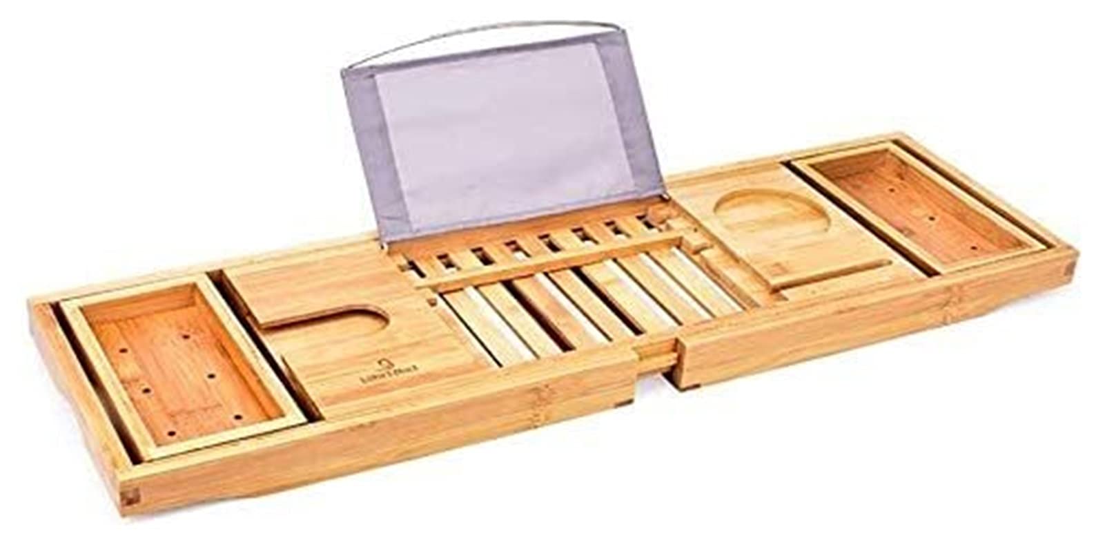Lieber Lighting Expandable Bamboo Bathtub Tray - Foldable Bathtub Caddy Shelf with Shower Book Holder & Bath Organizer | Perfect for Relaxing Baths, Spa Days & Reading in Tub