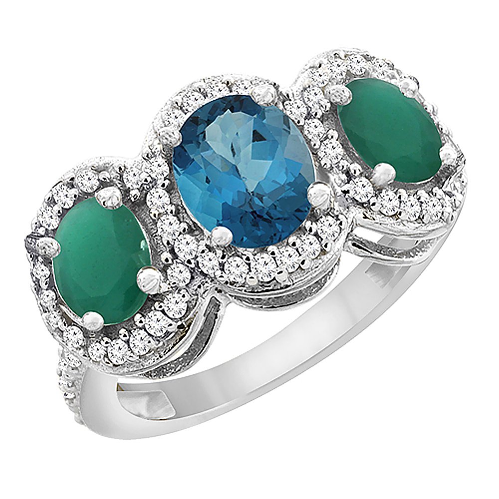 10K White Gold Natural London Blue Topaz & Cabochon Emerald 3-Stone Ring with Oval Diamond Accent - Sizes 5-10 | Elegant Birthstone Jewelry for Women, Perfect for Anniversaries, Engagements & Special Occasions