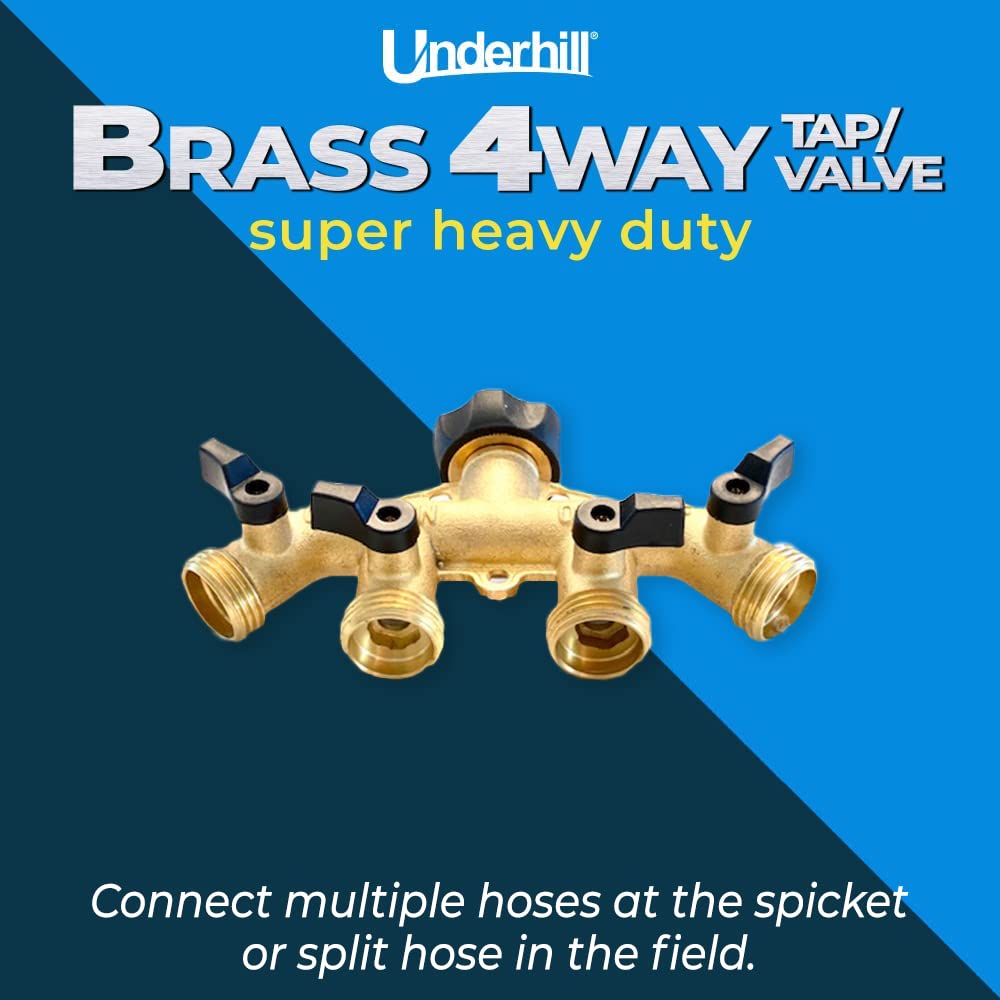 Underhill 4-Way Heavy-Duty Brass Hose Splitter Adapter with Shut Off Valve - 3/4 Inch Garden Water Hose Connector - Perfect for Lawn Irrigation, Car Washing & Outdoor Cleaning