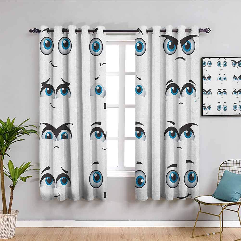 Funny Eye Window Curtains 72x84 Inch - Silly Comic Faces with Various Expressions, Humorous Design for Kids Room Decor - Blue Black White - Perfect for Bedroom, Playroom & Nursery