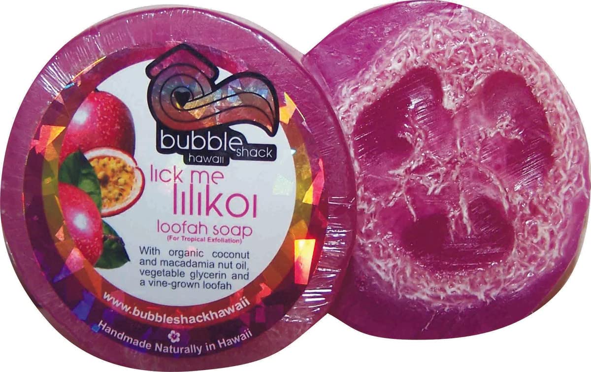 Hawaiian Bubble Shack Loofah Glycerin Soap - Lick Me Lilikoi Scent (4 Bars) | Exfoliating & Moisturizing Body Wash for Shower & Bath | Tropical Spa Experience at Home