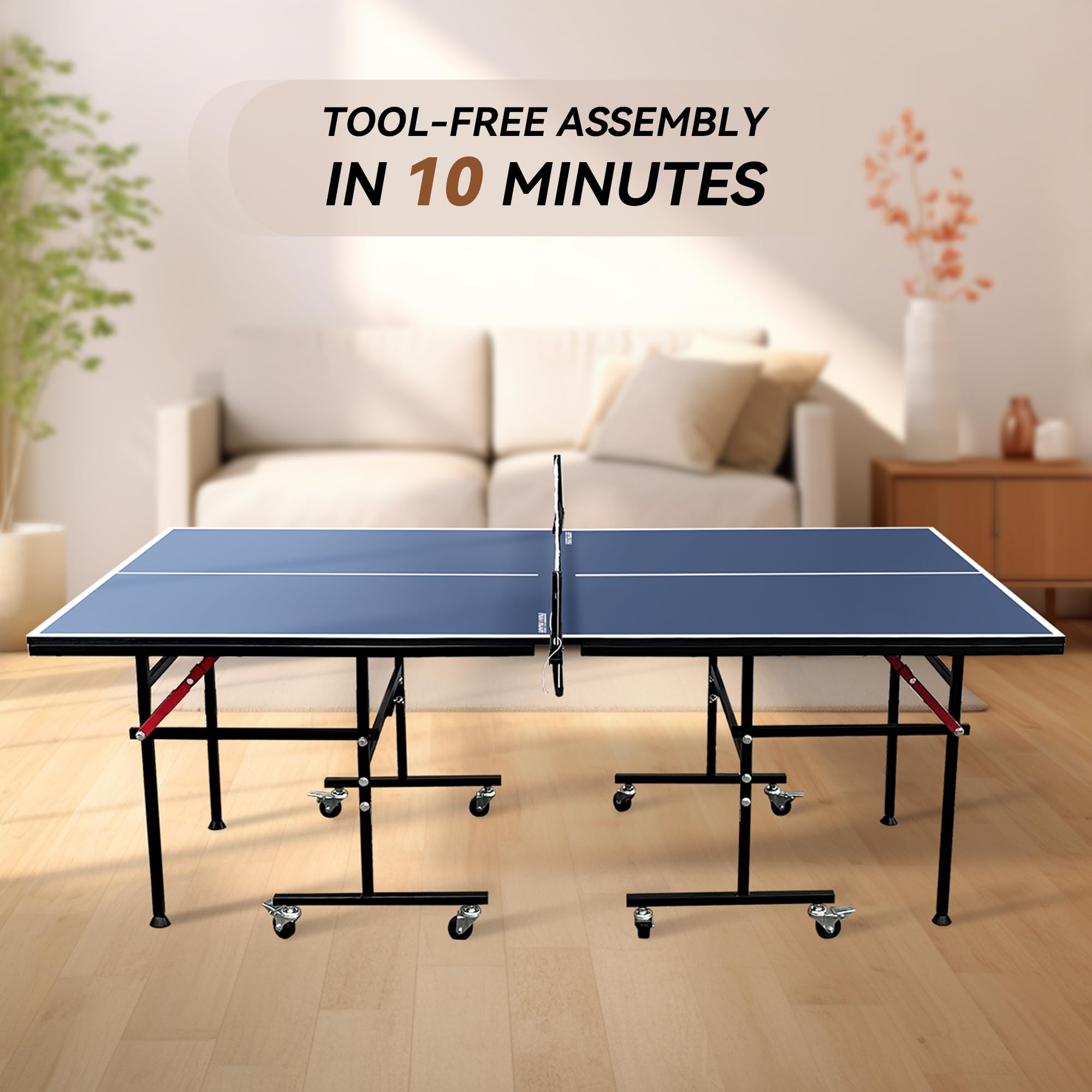 Mid-Size Foldable Indoor Outdoor Table Tennis Table with Quick Clamp Ping Pong Net & Post Set - Black & Blue - Perfect for Home, Office, and Recreational Use