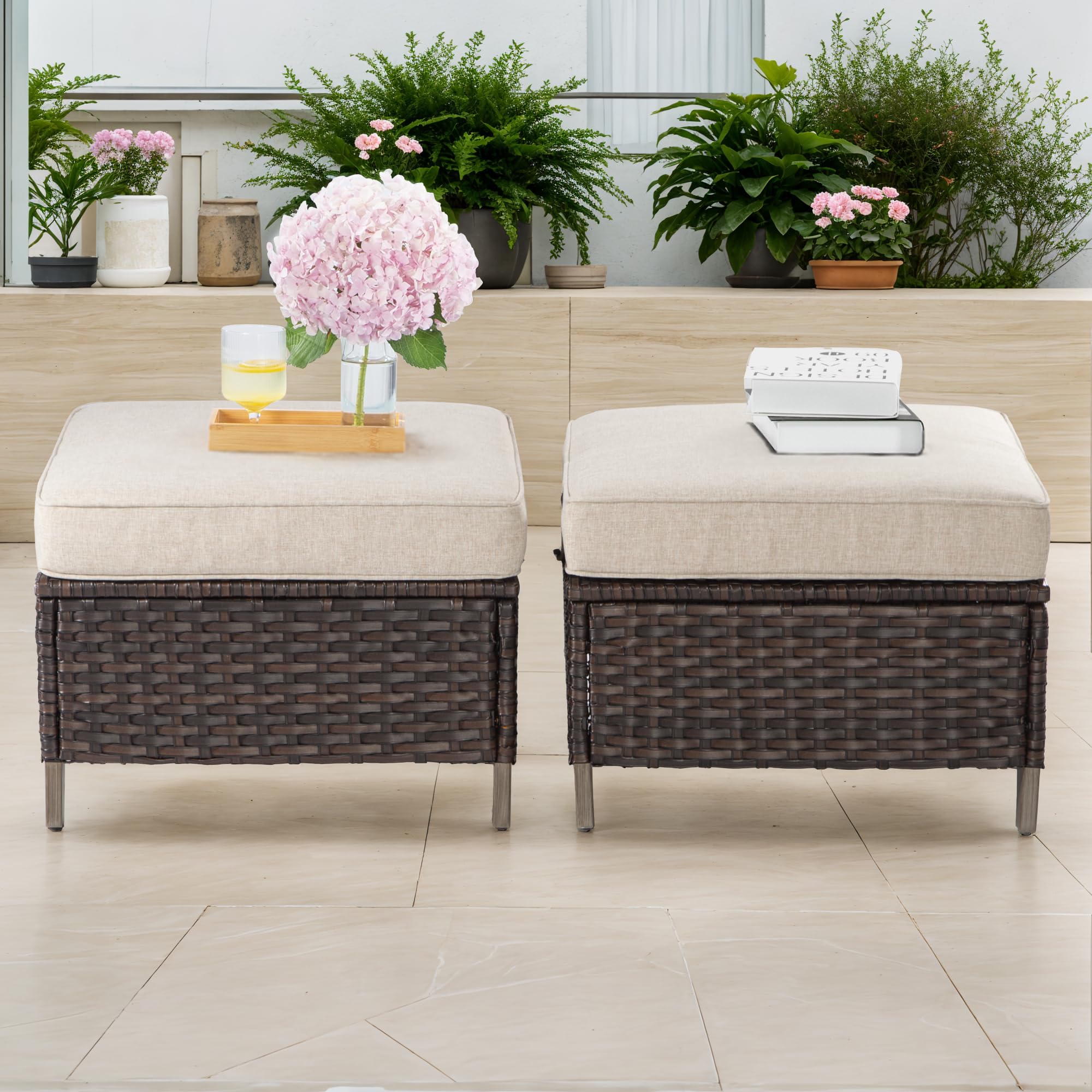All-Weather Outdoor Rattan Ottoman Set of 2 - Waterproof Patio Footstools with Removable Cushions for Garden, Backyard, Porch (Brown/Beige) - Perfect for Poolside Lounging, Outdoor Entertaining & Relaxation