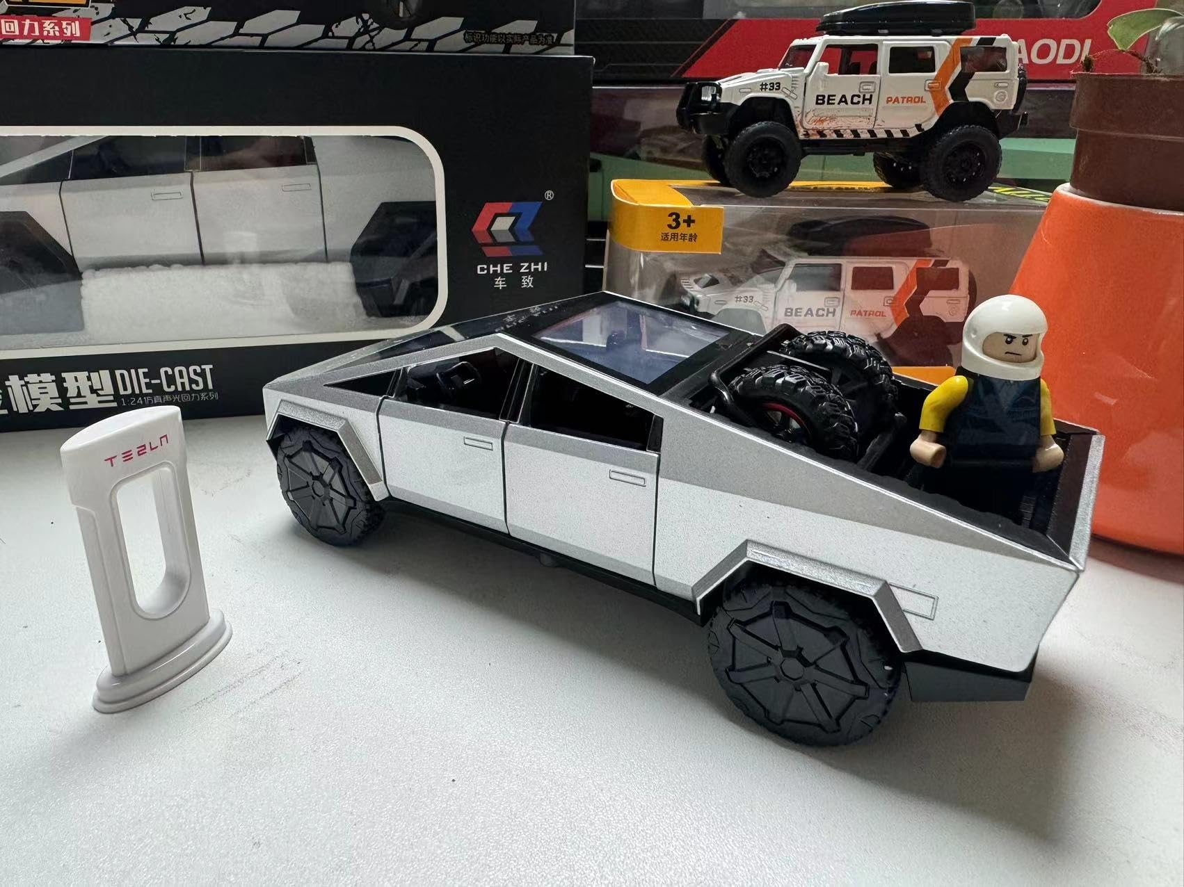 1:32 Scale Diecast Metal Cybertruck Toy Car with LED Lights & Sound Effects - Realistic Gray Silver Tesla Cyber Truck Model for Kids & Collectors - Perfect Gift for Birthdays, Christmas & Playtime Adventures
