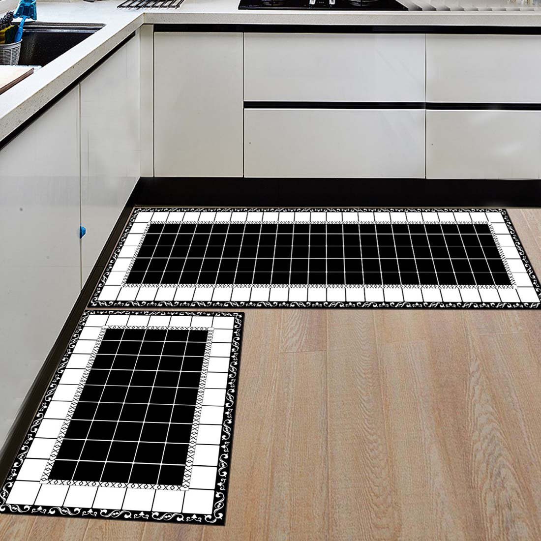 Non-Slip Kitchen Mats and Rugs - Black & White Lattice Pattern Indoor Floor Runner | Low Profile, Absorbent for Home, Bathroom, Bath & Bedroom | Perfect for High-Traffic Areas, Spill Protection & Comfort Underfoot