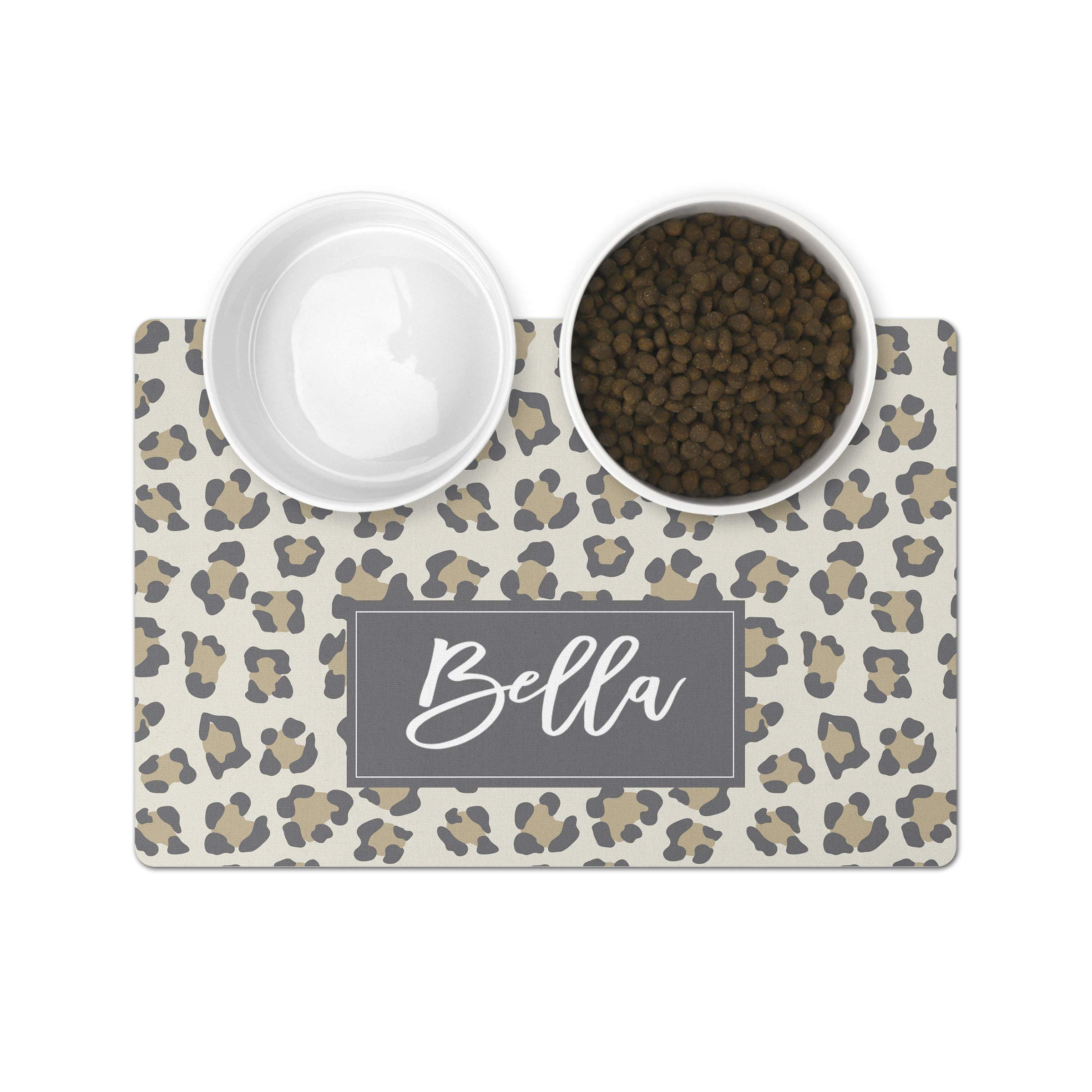 Personalized Waterproof Non-Slip Pet Feeding Mat with Raised Edges - Perfect for Cat & Dog Food Bowls, Water Dishes - Durable Grey Leopard Design (12x18 Inch) - Ideal for Messy Eaters & Easy Cleanup in Kitchen or Pet Area