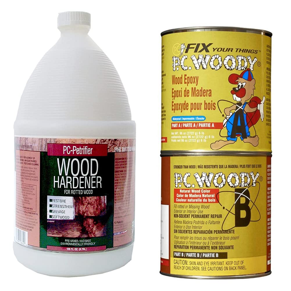 PC-Products Wood Repair Epoxy Paste & Wood Hardener Kit - PC-Woody 96 oz & PC-Petrifier 1 Gallon for Furniture, Deck, Floor Restoration - Fix Rotting Wood, Cracks & Holes for DIY Home Improvement Projects