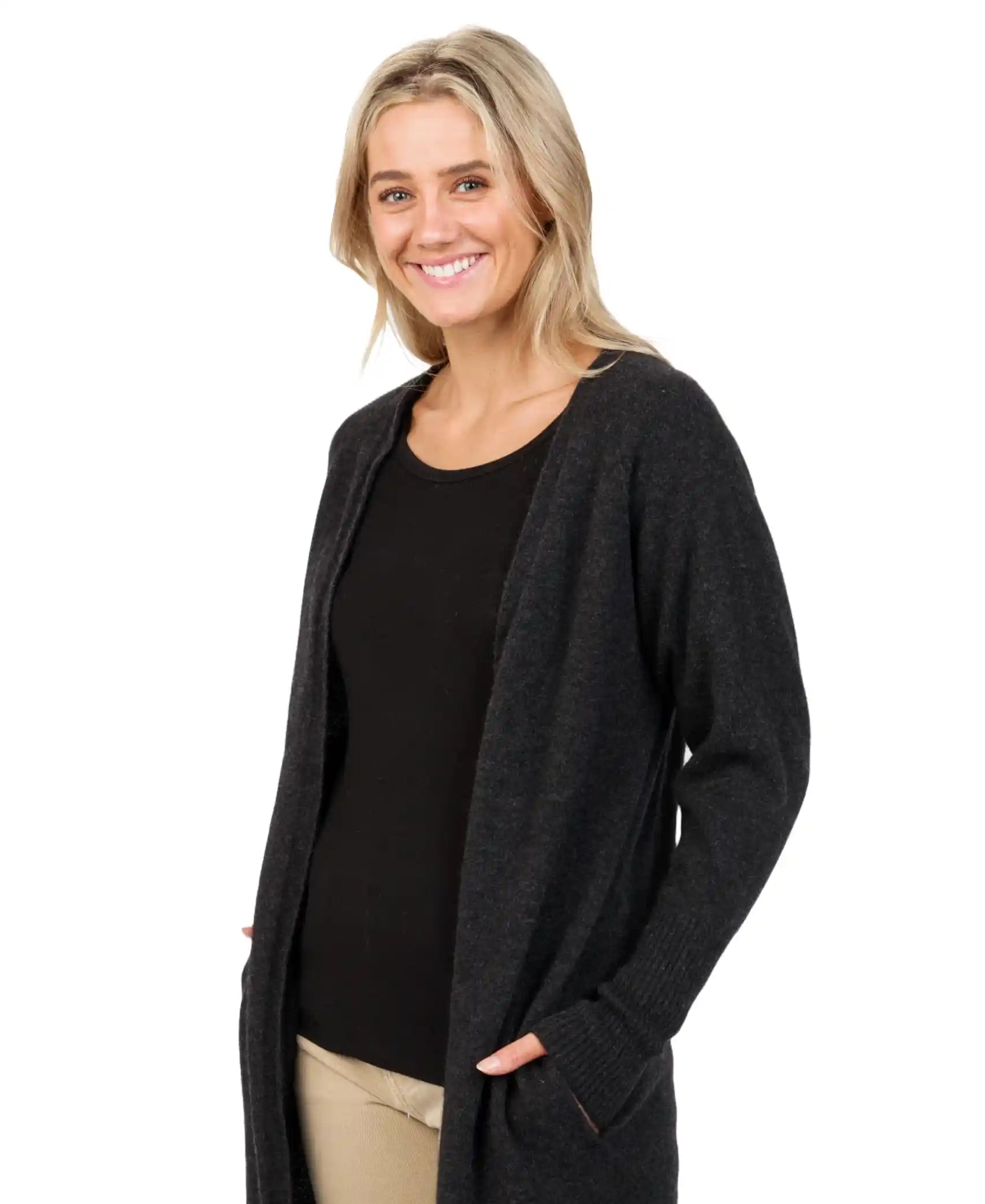 Charcoal Women's Longline Cardigan Sweater - Soft Open Front Duster Coat for Fall & Winter - Perfect for Office, Date Night & Casual Outfits