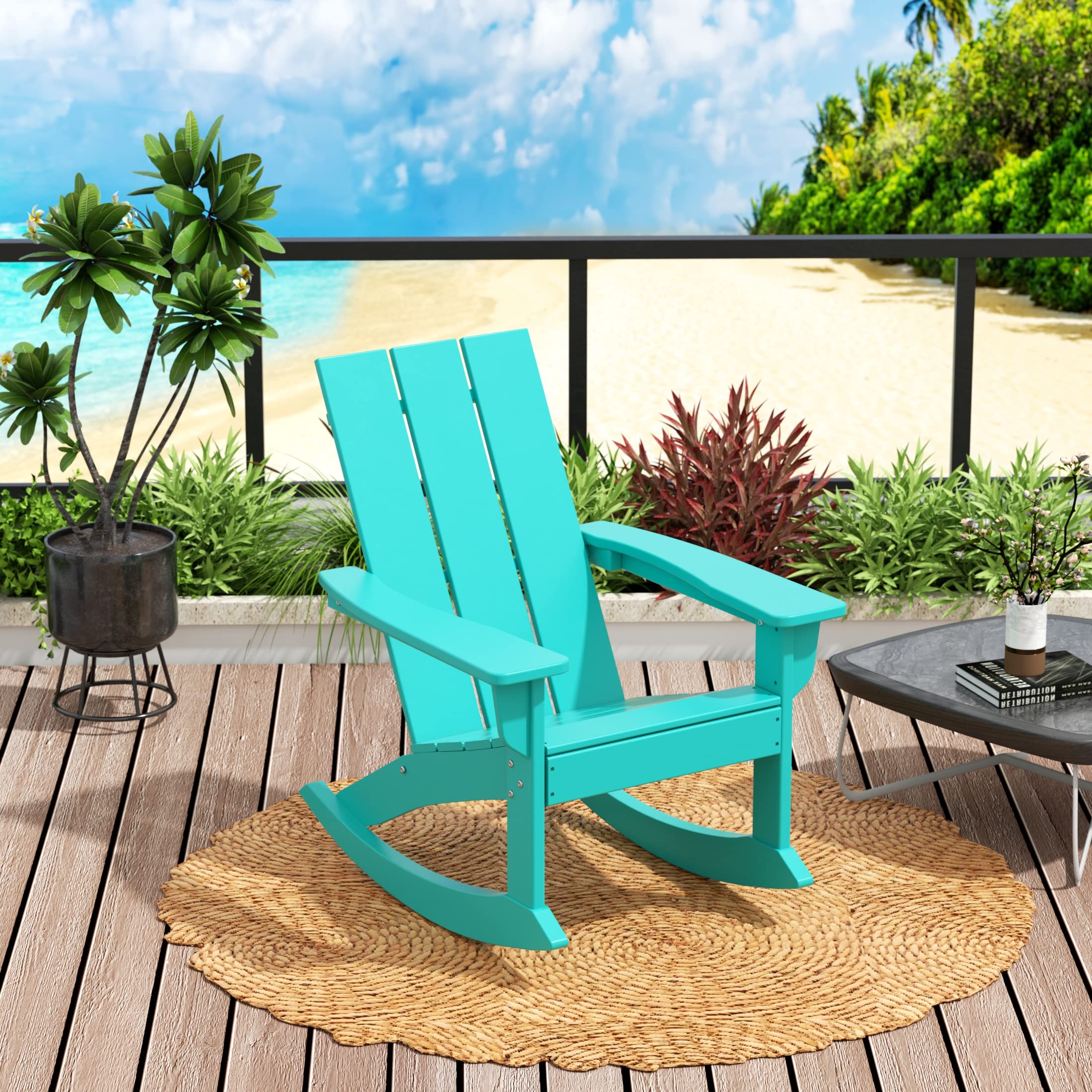 **WO Home Furniture Modern Outdoor HDPE Patio Rocking Chair – UV & Weather Resistant, Turquoise – Perfect for Garden, Porch, or Backyard Relaxation**