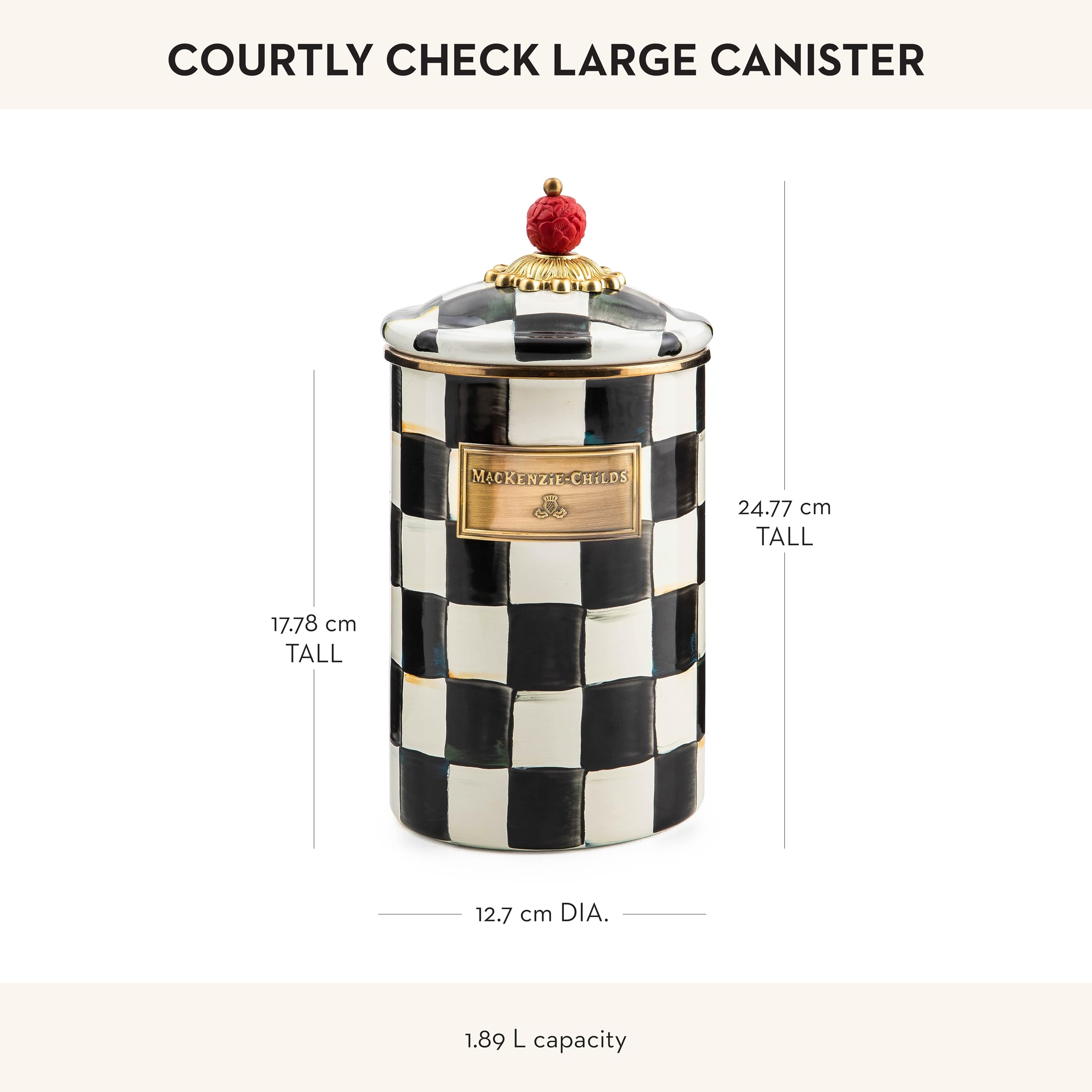 MACKENZIE-CHILDS Large Enamel Canister - 1.89L Kitchen Storage Container for Flour, Sugar, Coffee & Dry Goods - Black & White Courtly Check Design - Perfect for Pantry Organization & Farmhouse Style Kitchens
