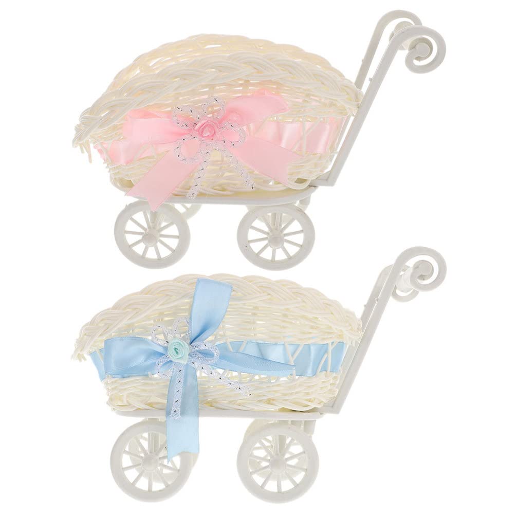 Vintage Wicker Baby Doll Stroller - 2 Pack Miniature Doll Carriage with Wheels, Floral Basket Design for Pretend Play & Role Play | Perfect for Playhouse, Tea Party & Imaginative Play Toys for Girls