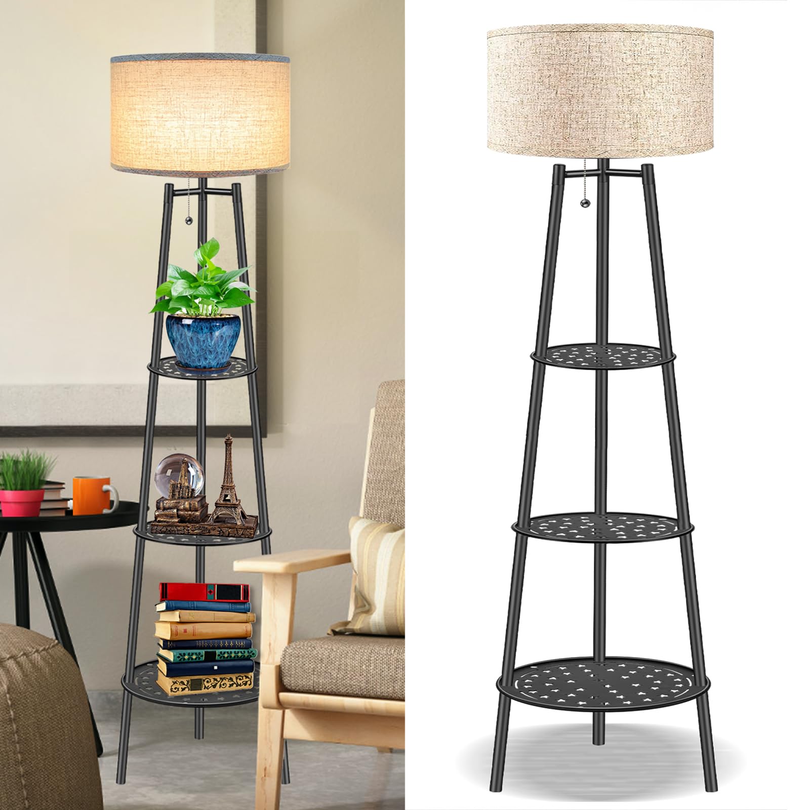 Modern Floor Lamp with Shelves - Black Standing Lamp for Living Room, Bedroom, or Office - Elegant Tall Lamp with Linen Shade - Perfect for Reading Nook, Home Decor, and Workspace Lighting