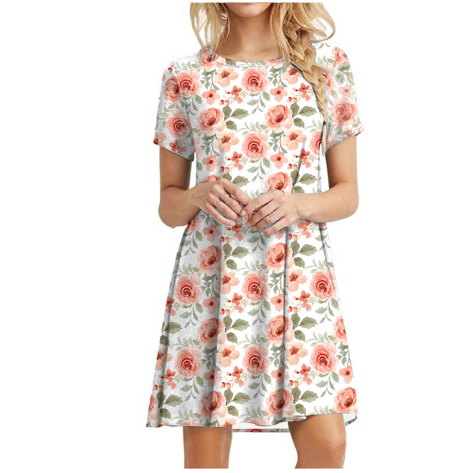 Women's Summer T-Shirt Dress - Short Sleeve Boho Floral Print Casual Pleated Swing Dress | Beach Party, Vacation, Outdoor & Daily Wear