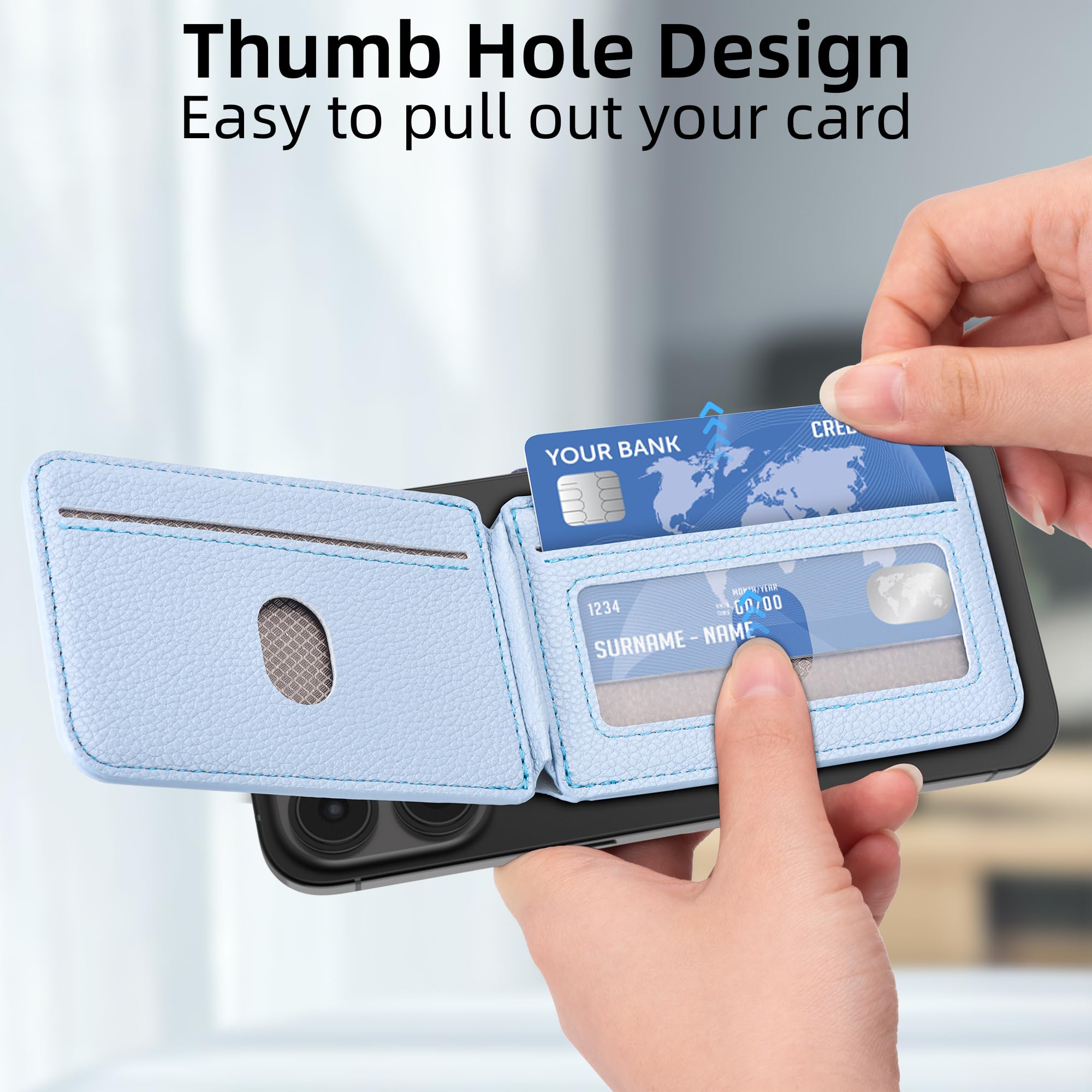 Arae Magnetic Phone Wallet for iPhone 16/15/14/13/12 Series - MagSafe Compatible, RFID Blocking, PU Leather with 4 Card Holder & Adjustable Stand (Blue) - Perfect for Daily Commute, Shopping & Travel