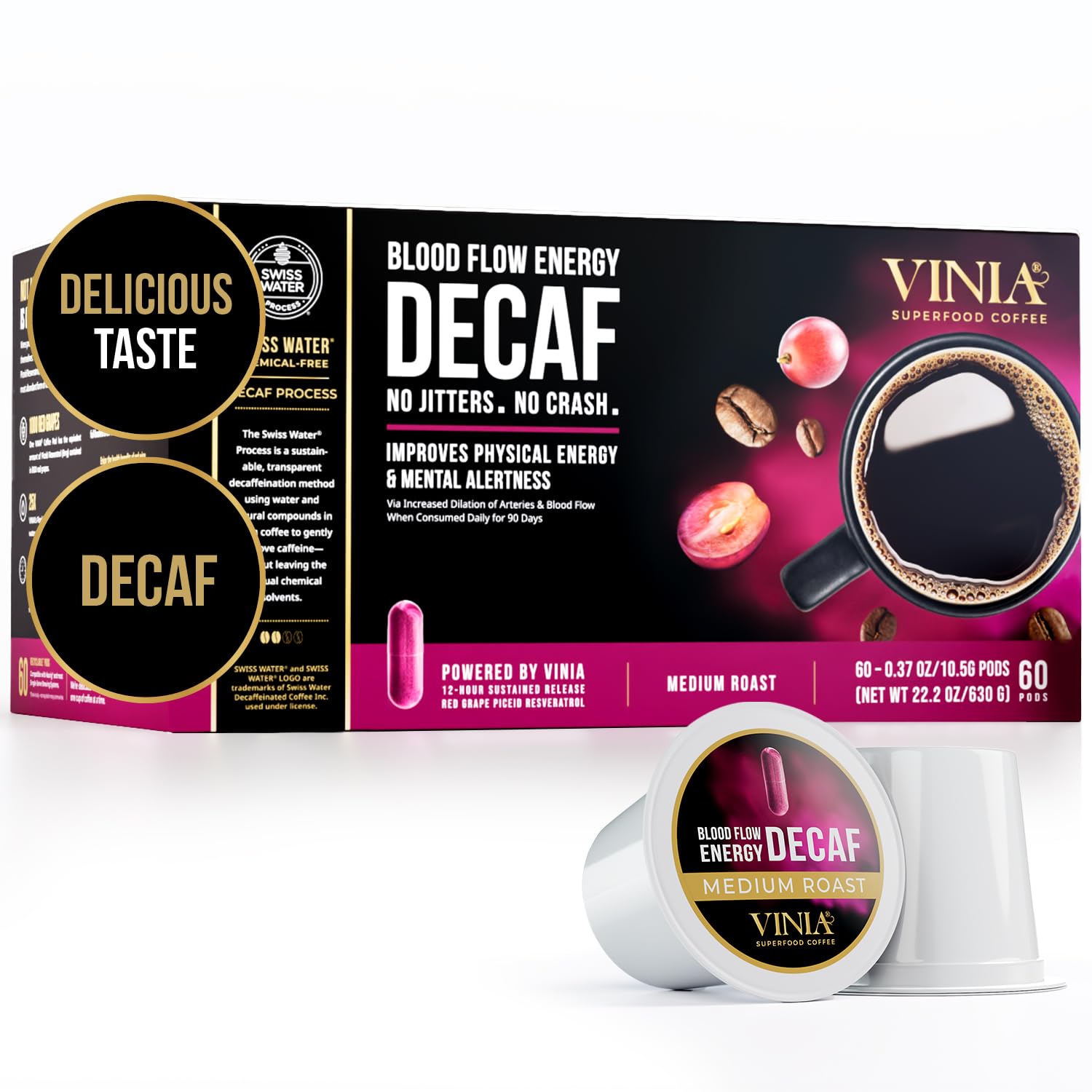 VINIA Blood Flow Energy Coffee Pods - Medium Roast K-Cups with Red Grape Piceid Resveratrol for Physical & Mental Boost | Keurig Compatible Superfood Coffee | Full-Bodied Flavor | 60 Count | Perfect for Morning Energy & Workout Recovery