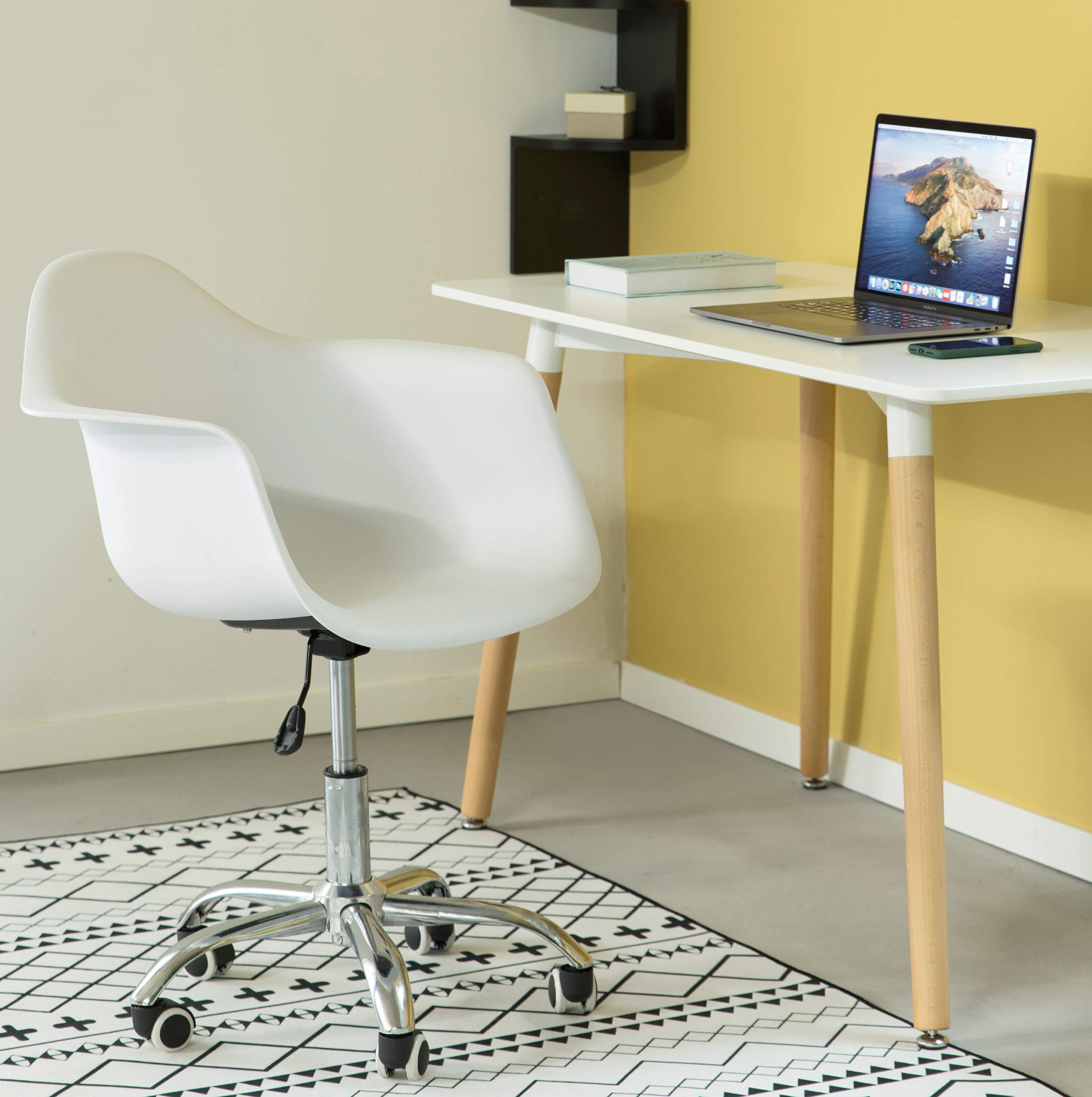 Fabulaxe Mid-Century Modern Swivel Office Chair with Rolling Wheels - Ergonomic Plastic Shell Task Chair in Bold White - Perfect for Home Office, Study & Workspace