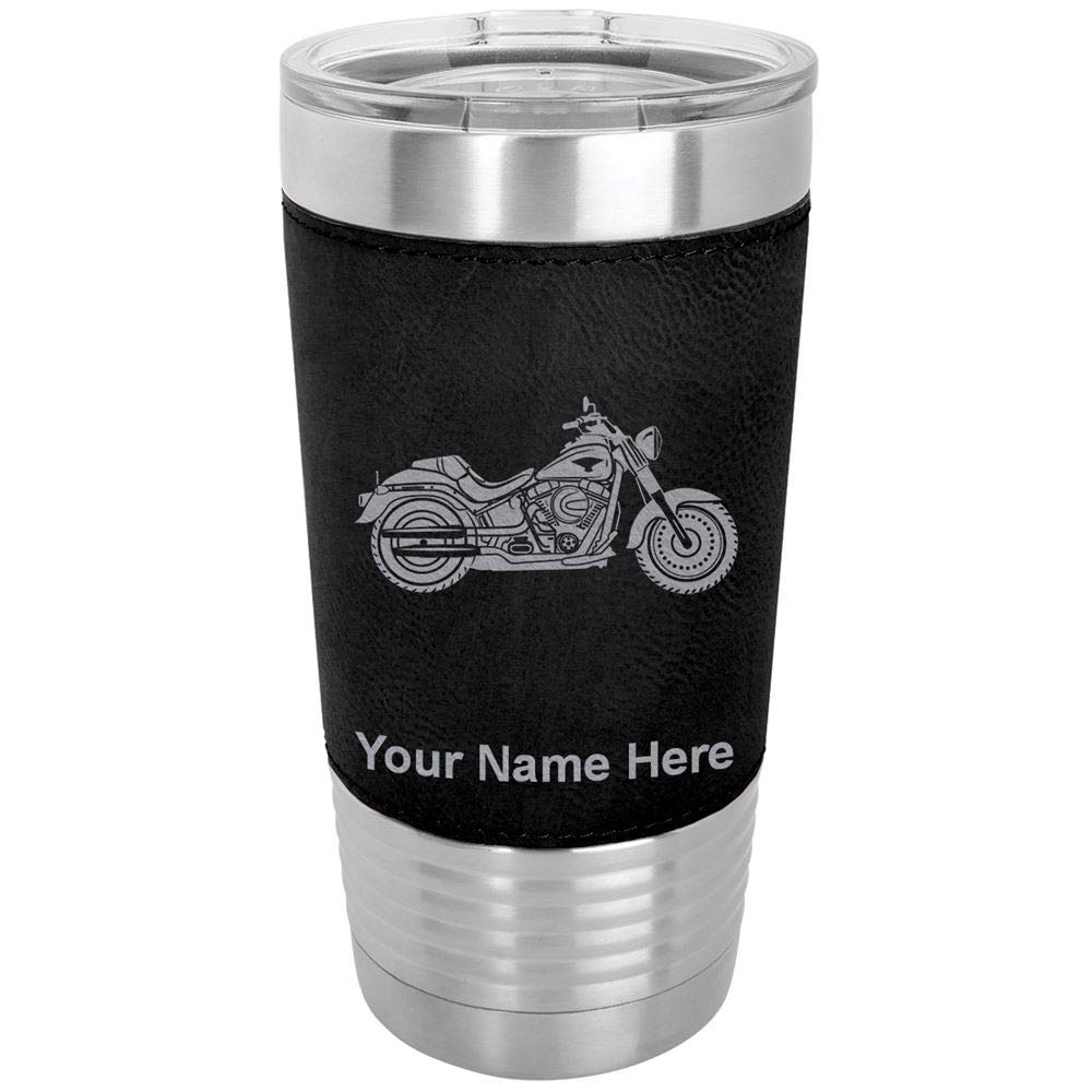 LaserGram 20oz Vacuum Insulated Stainless Steel Tumbler Mug with Leak-Proof Lid - Personalized Engraving & Faux Leather Wrap - Ideal for Motorcycle Rides, Camping, Office & Outdoor Adventures (Black)