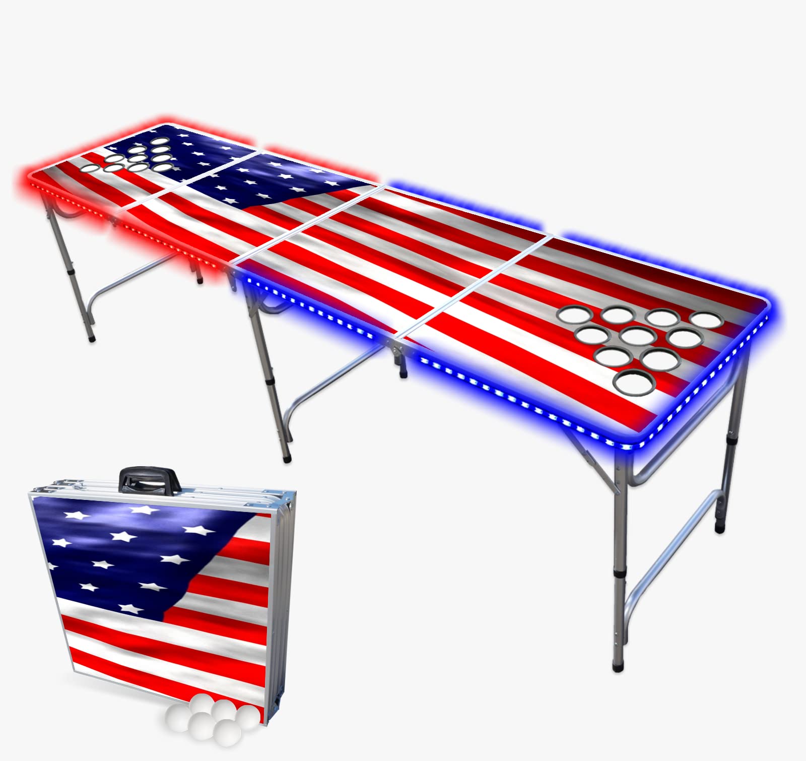 8-Foot Folding Beer Pong Table with LED Lights & Cup Holders - Portable Party Game Table for Outdoor & Indoor Events - American Edition - Perfect for Backyard BBQs, College Parties & Tailgating