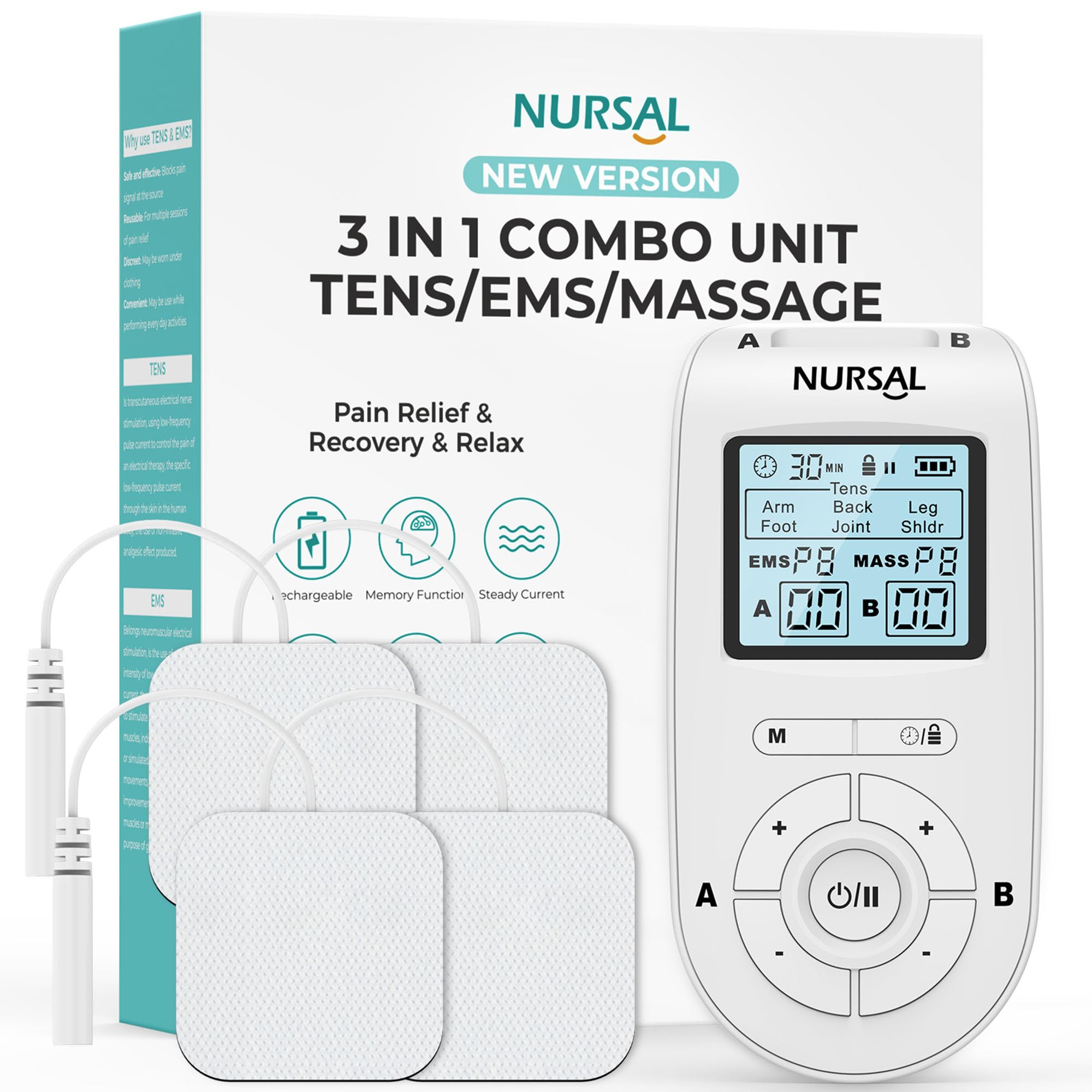 NURSAL 3-in-1 TENS Unit Muscle Stimulator Machine with Dual Channel EMS, 40 Intensity Levels for Pain Relief Therapy - Portable Electronic Pulse Massager for Back, Neck, Shoulder & Muscle Recovery at Home or Gym