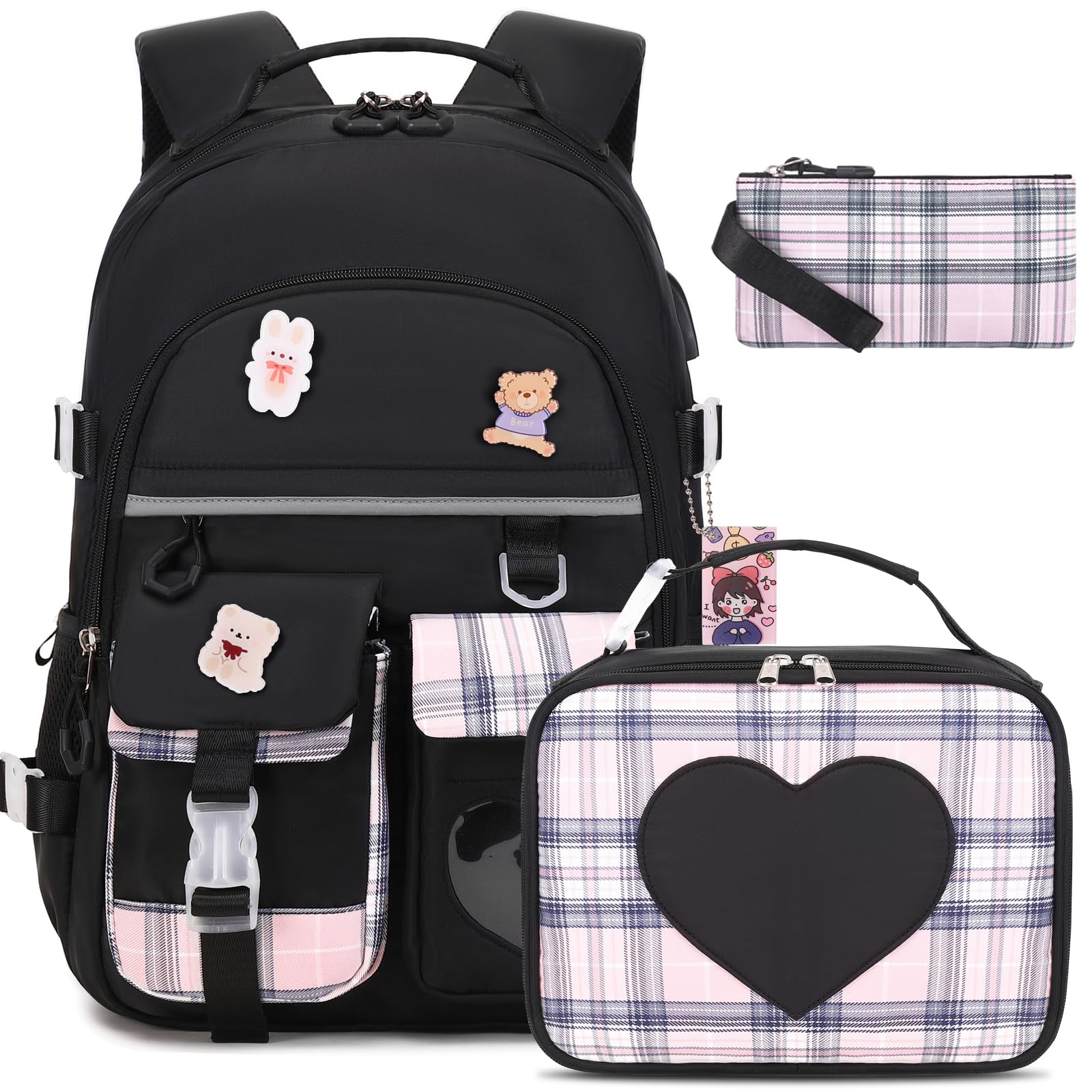 Cute Girls Backpack for School, Travel & Daily Use - Lightweight Bookbag for Kids, Teens & Women - Perfect for Elementary, Middle School & College - Includes Lunch Box (Black) - Ideal for Class, Commuting & Outdoor Adventures