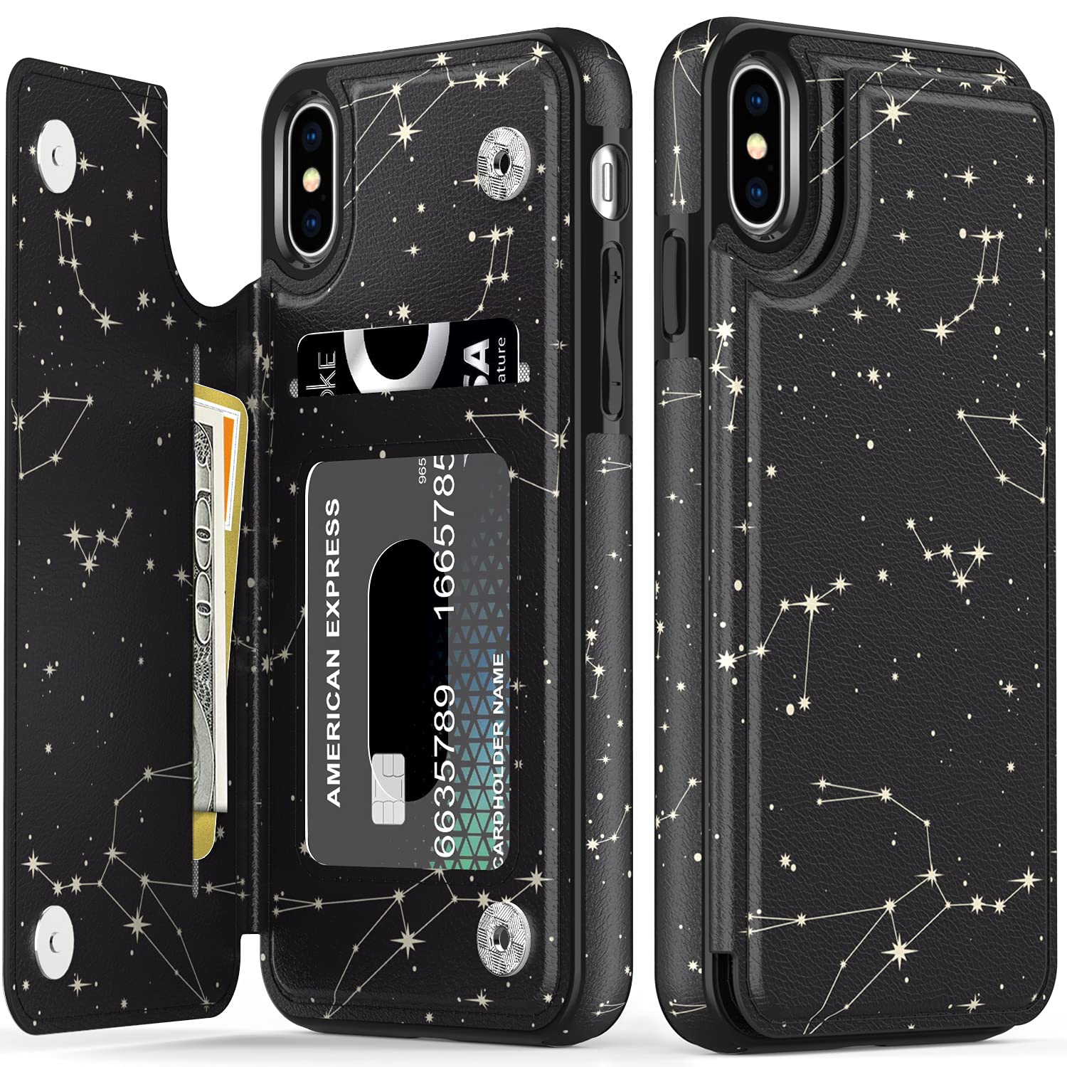Premium Leather Wallet Case for iPhone X/Xs - Fashionable Flip Folio Cover with Card Slots & Kickstand | Constellation Design for Women | Perfect for Work, Travel & Everyday Use