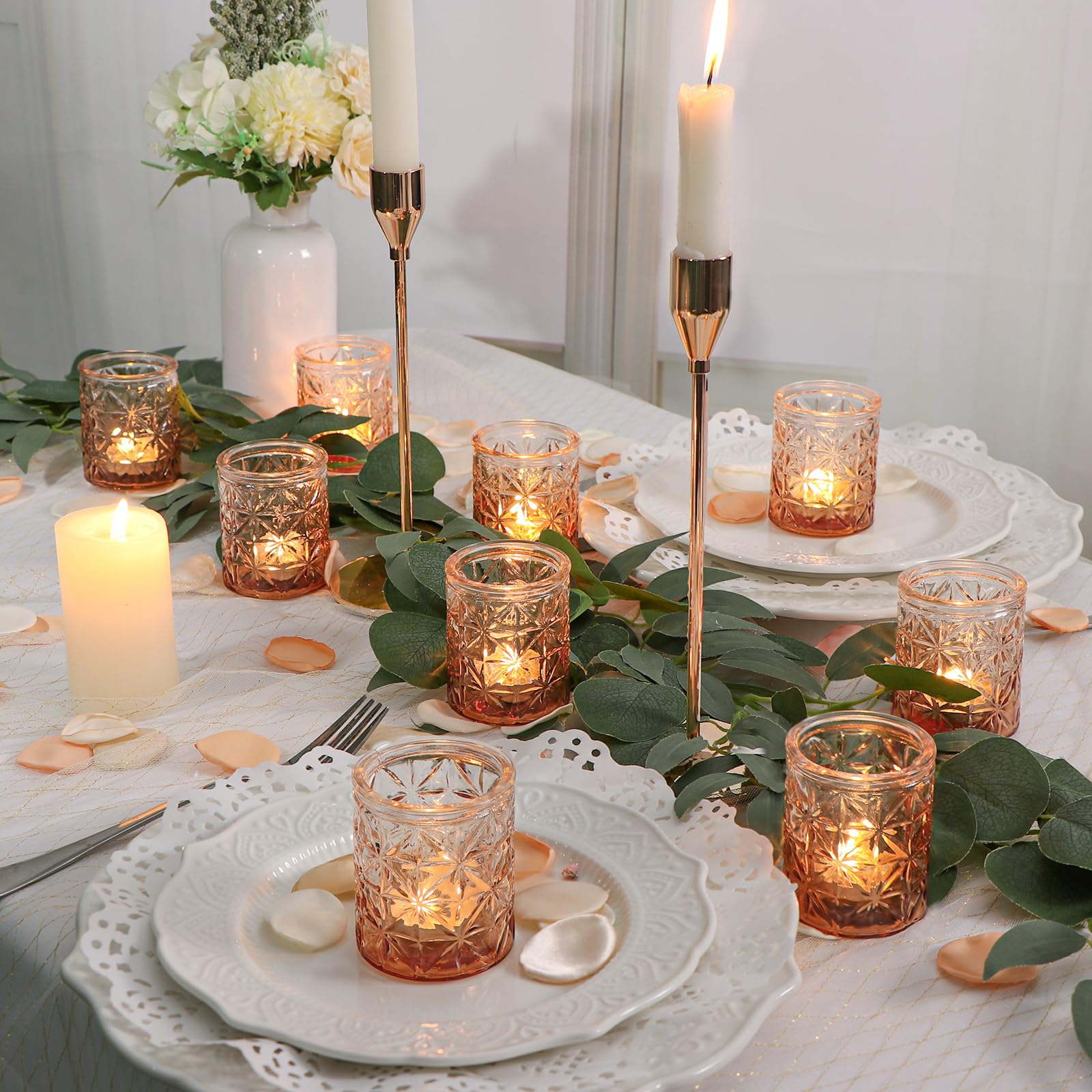 24-Piece Amber Glass Votive Candle Holders Set - Elegant Tea Light Candle Holders for Wedding Centerpieces, Holiday Table Decor, Romantic Dinner Ambiance & Home Decoration