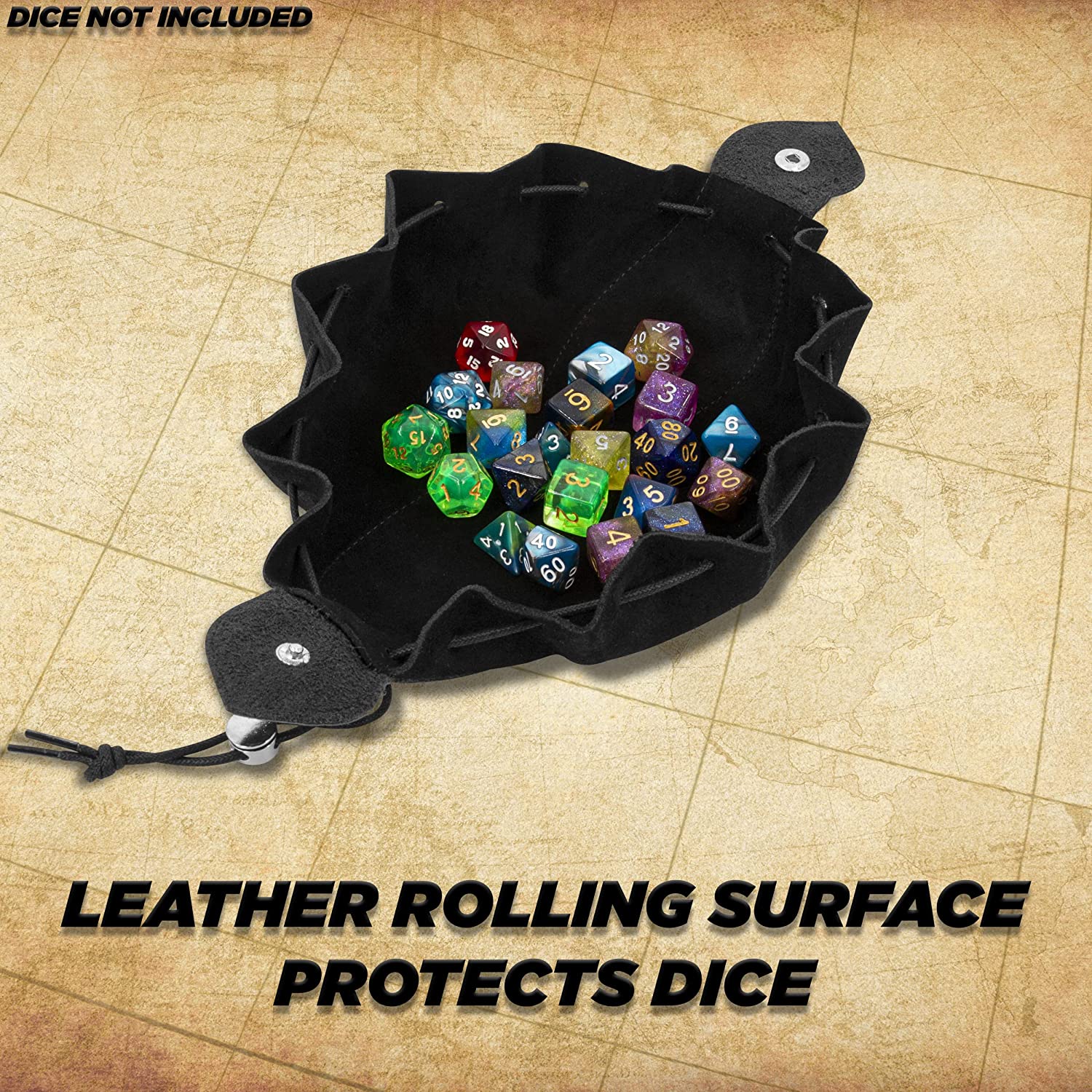 CASEMATIX Leather Dice Bag & Rolling Tray Set for DND, RPG - Holds 50+ Dice - Black Premium Leather Drawstring Pouch with Soft Non-Scratch Lining - Perfect for Tabletop Gaming, Dungeons & Dragons Sessions, and Role Playing Game Accessories