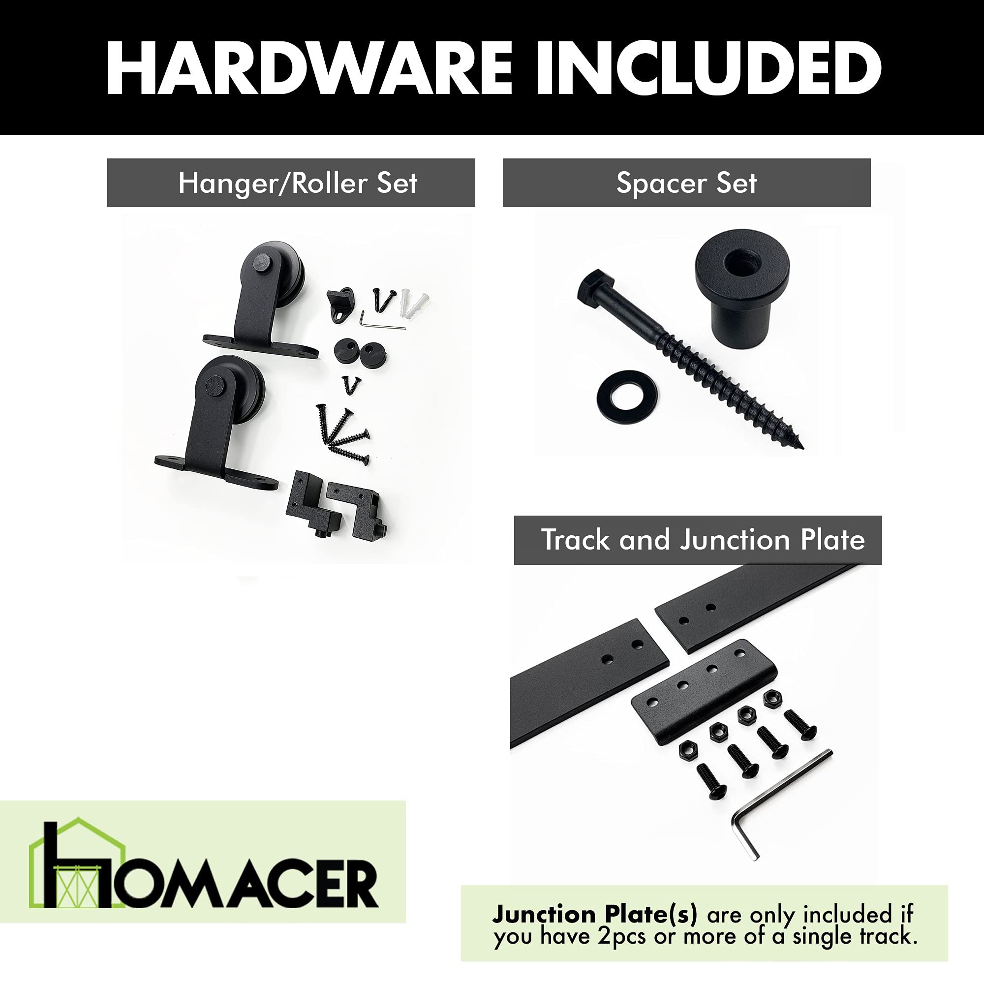 Homacer Black Rustic Non-Bypass Sliding Barn Door Hardware Kit - Heavy Duty T-Shape Roller Design for Double Doors with 4ft Flat Track | Interior & Exterior Use | Perfect for Farmhouse, Loft, and Industrial Style Homes
