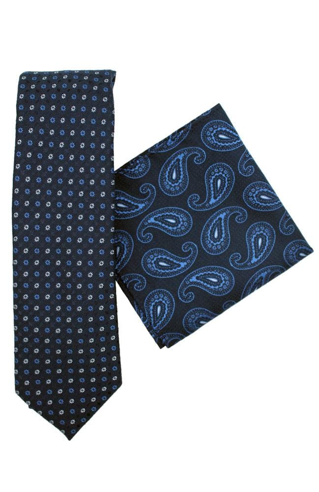 LA Smith Poly Blue Paisley Tie and Pocket Square Set - Classic Men's Formal Accessories for Weddings, Business Meetings & Special Occasions