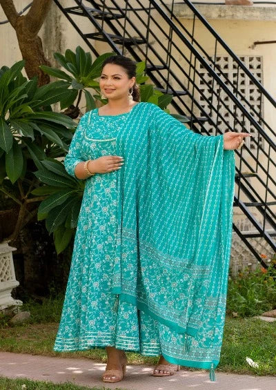 **Elegant Plus Size Sea Green Embroidered Anarkali Kurta Dupatta Set for Women – Perfect for Weddings, Festivals & Special Occasions**