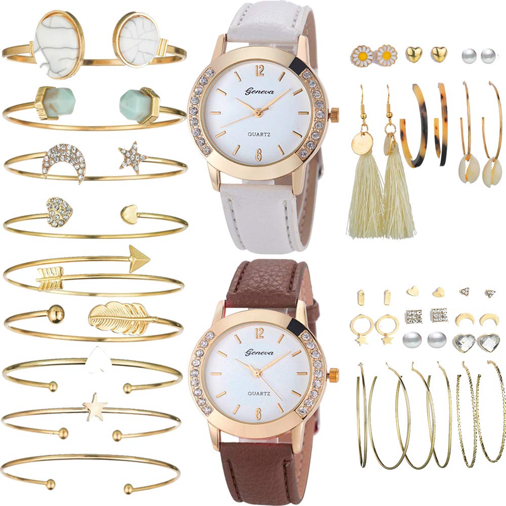 Yunanwa 29-Piece Gold Jewelry & Watch Set for Women - 2 Watches, 9 Bracelets, 18 Pairs of Layered Ball Dangle Hoop Stud Earrings | Perfect for Everyday Wear, Parties & Gift Giving