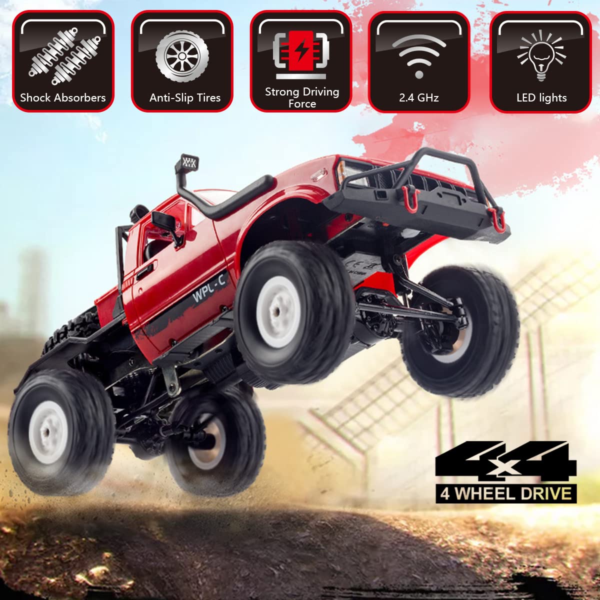 1/16 Scale RC Rock Crawler - WPL C14 4x4 Off-Road Remote Control Truck with LED Lights & 2 Batteries | All Terrain RTR RC Car for Adults & Kids | Outdoor Adventure, Backyard Crawling, Trail Exploration