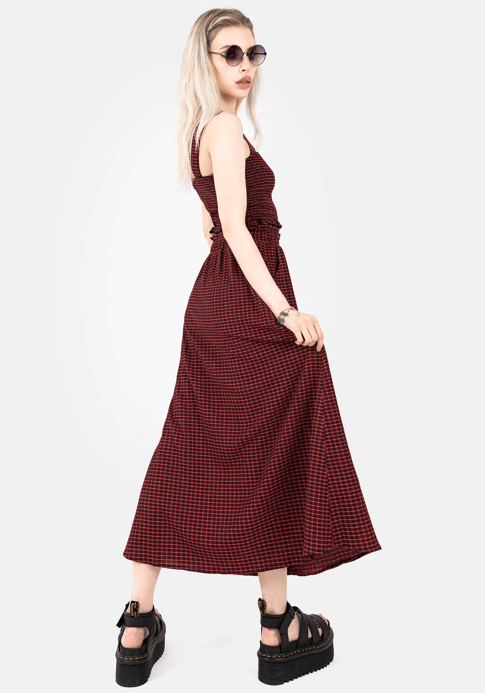 Carmine Textured Check Button-Up Midi Skirt for Women | Vintage Plaid A-Line Skirt | Office, Party & Casual Wear