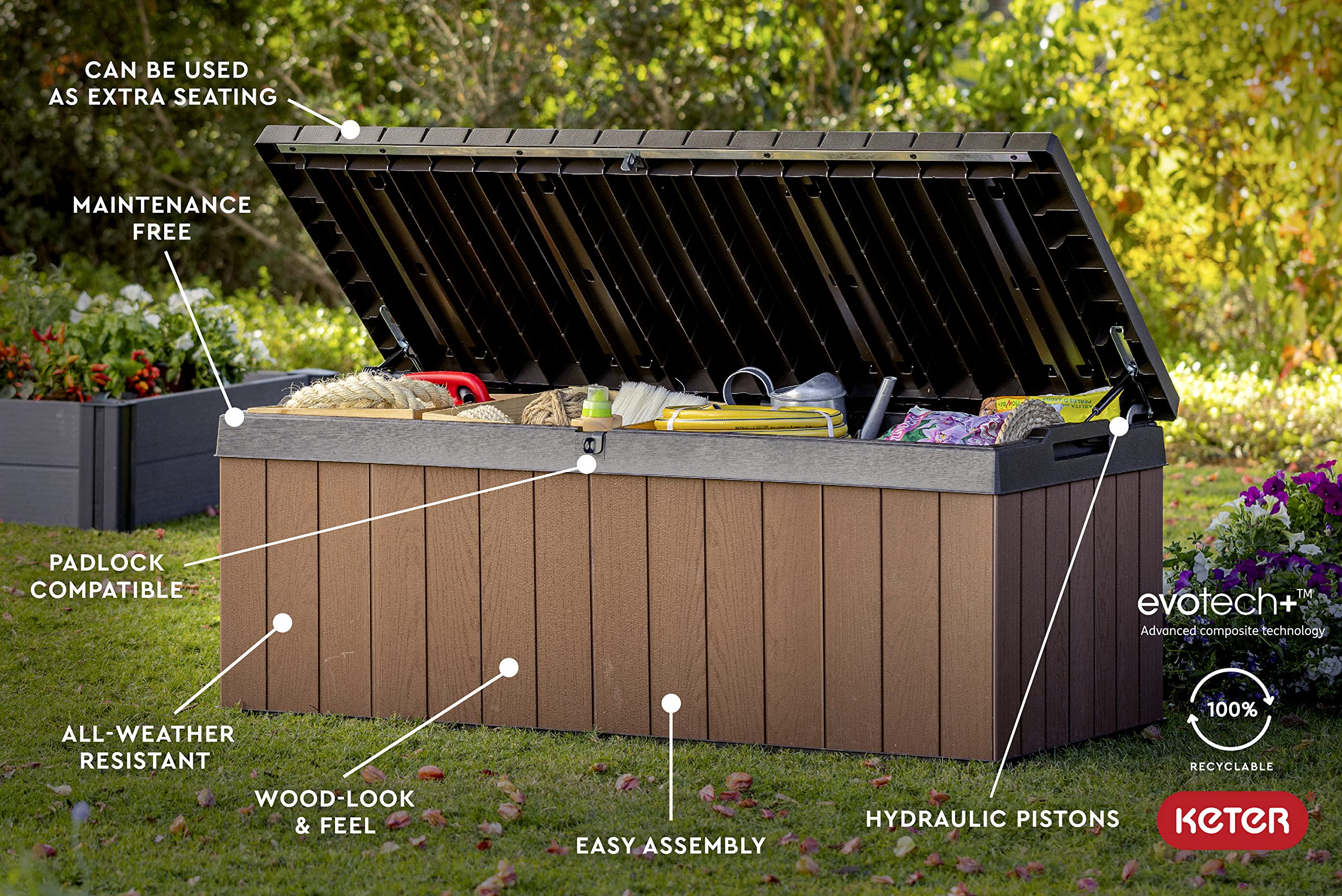 Keter Darwin 100 Gallon Resin Deck Box - Outdoor Storage Solution for Patio Furniture, Garden Tools & Cushions (Brown & Black) - Perfect for Backyard, Poolside & Deck Organization