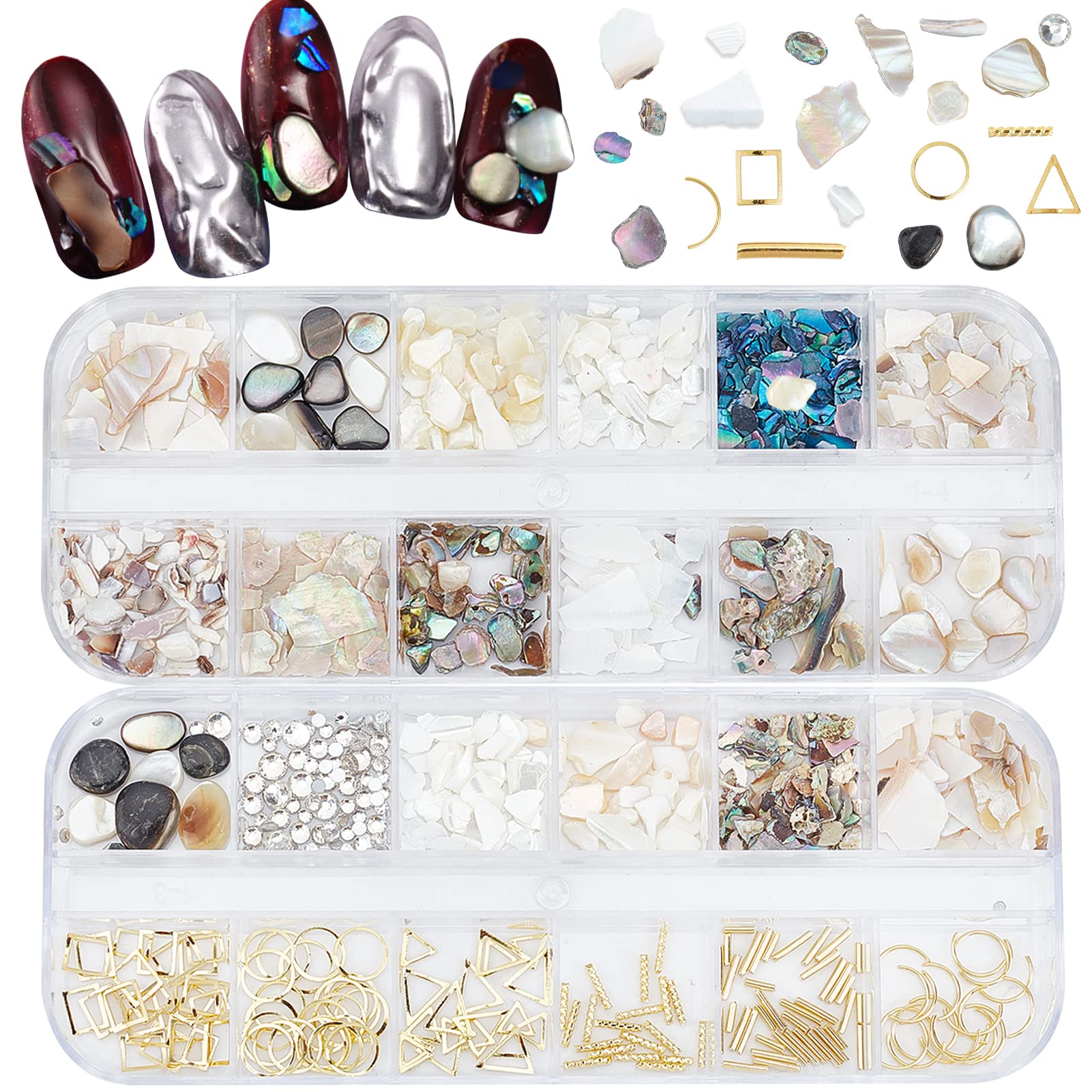 NICENEEDED 2 Boxes 3D Nail Art Seashell Kit - Irregular Abalone Slices, Colorful Flakes & Rhinestone Studs for Manicure Designs | DIY Nail Decorations for Home Salon, Party & Wedding Nail Art