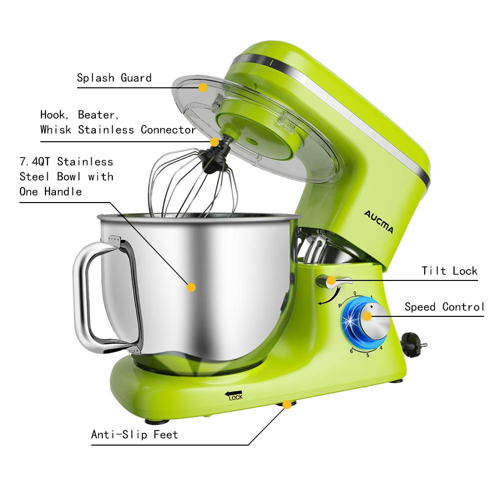 Aucma 7.4QT Stand Mixer - 6-Speed Tilt-Head Electric Kitchen Mixer with Dough Hook, Wire Whip & Beater (Green) | Perfect for Baking Cakes, Cookies, Bread & More