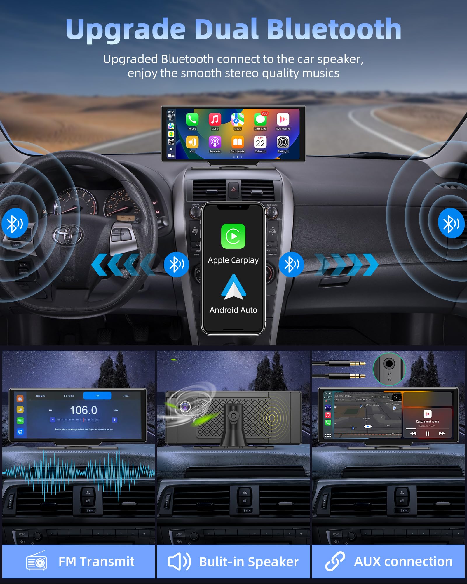 10.26 Inch Apple CarPlay Android Auto Touchscreen Display with Adjustable 2.5K Dashcam, Wireless Driveplay, Rearview Camera, Bluetooth, Mirror Link & 64GB TF Card - Perfect for Car Entertainment and Safe Driving