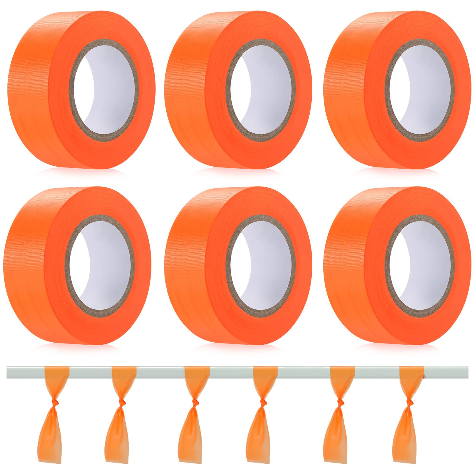 6 Pack Non-Adhesive Surveyor's Flagging Tape - High Visibility Fluorescent Orange Marking Tape for Boundaries, Hazard Areas & Trail Marking - Ideal for Construction, Surveying & Outdoor Safety Use