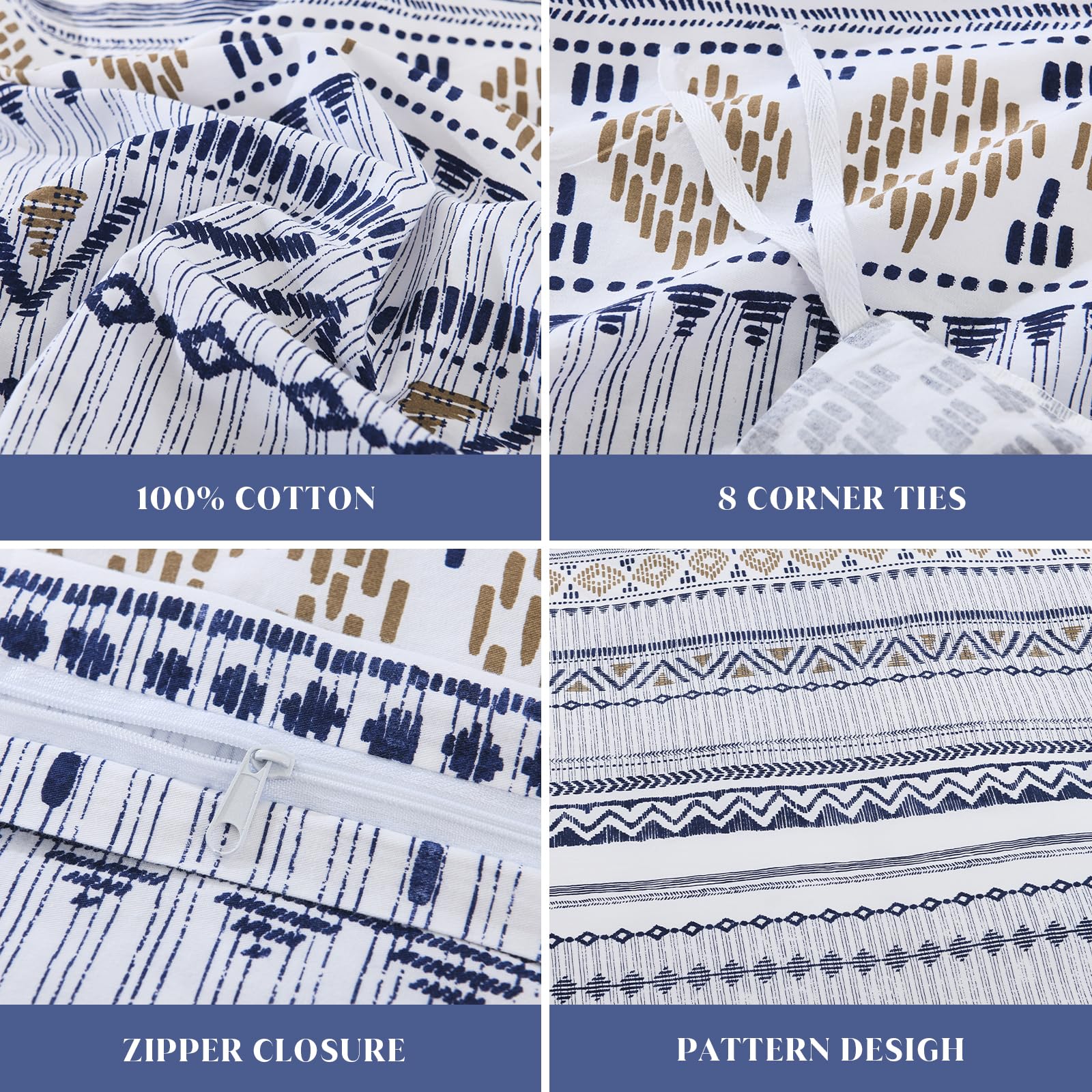 Boho Duvet Cover King Size - 100% Cotton Soft Aztec Print Bedding Set in White, Navy Blue & Beige with Taupe Wave Patterns | OEKO-TEX Certified | Zipper Closure (Comforter Not Included) | Perfect for Bohemian & Eclectic Bedroom Decor