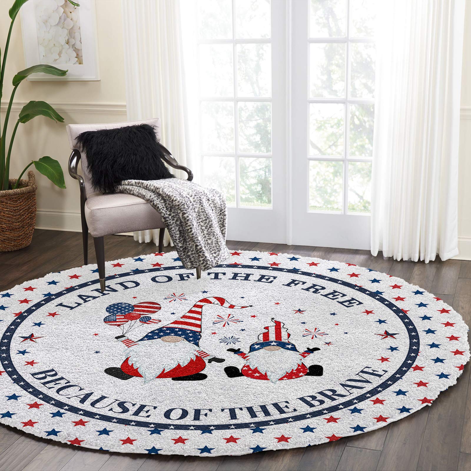 36in Soft Fluffy Round Area Rug - 4th of July American Flag Gnomes Design, Washable Non-Slip Shaggy Carpet for Bedroom, Living Room & Nursery - Perfect for Independence Day Decor, Kids Room & Cozy Home Flooring