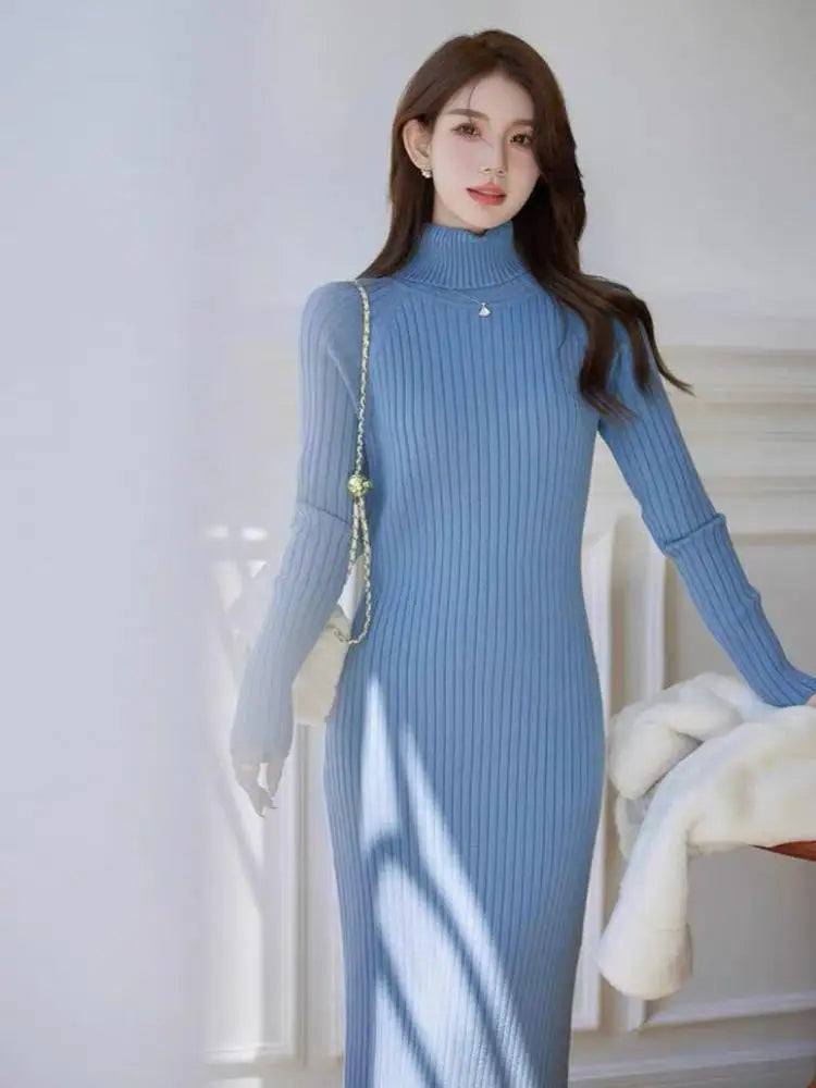 Women's White & Black Knit Sweater Dress - Long Sleeve Turtleneck Wrap Hip Dress for Fall Winter | Casual Office Wear & Holiday Outfit